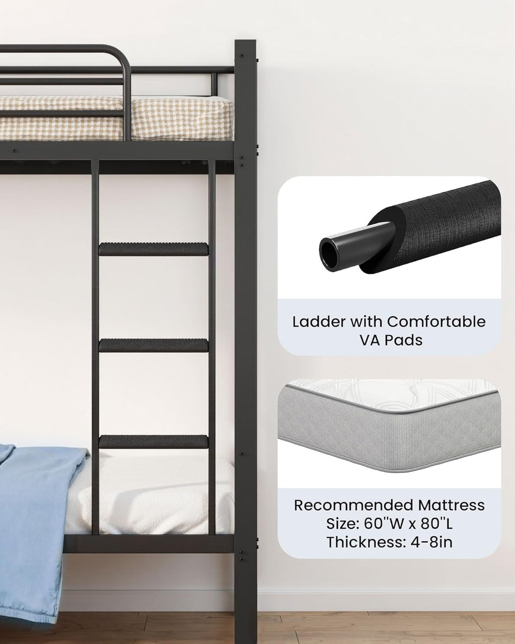 Queen Over Queen Heavy Duty Steel Bunk Bed Black Frame