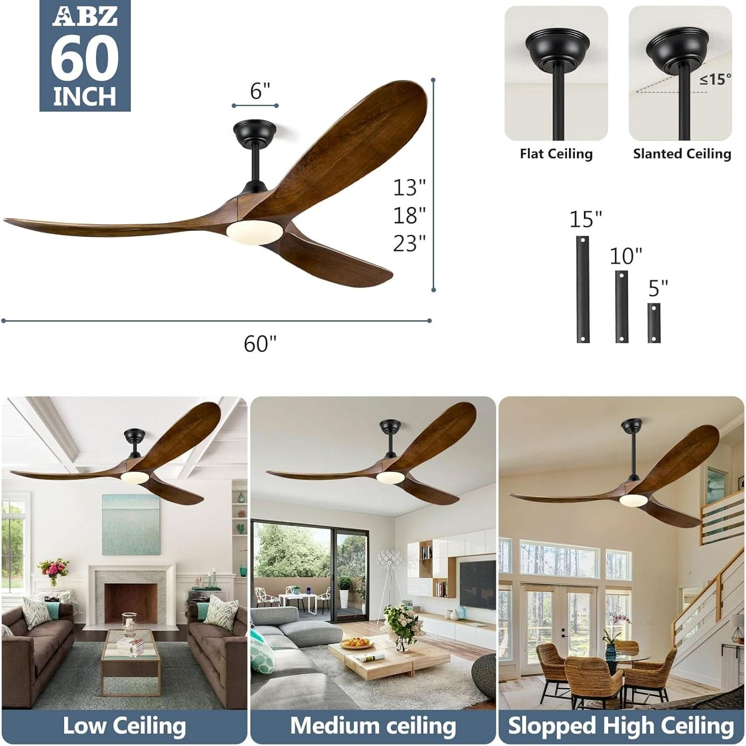 60 Inch Walnut Solid Wood Ceiling Fan Outdoor Weatherproof-4