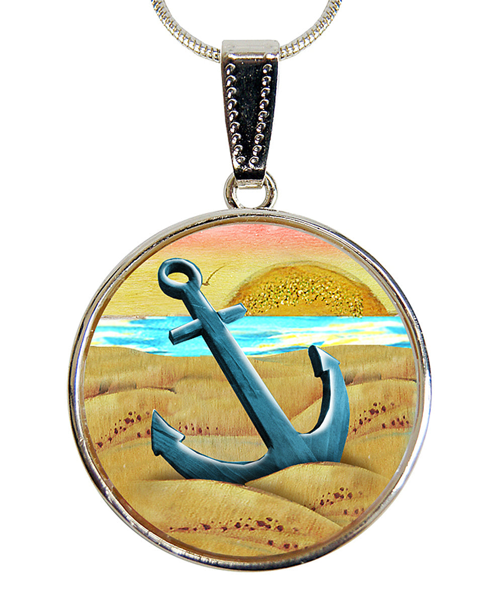 Anchor Silver-Plated Mother of Pearl Jewelry Pendant Necklace - 44056-2