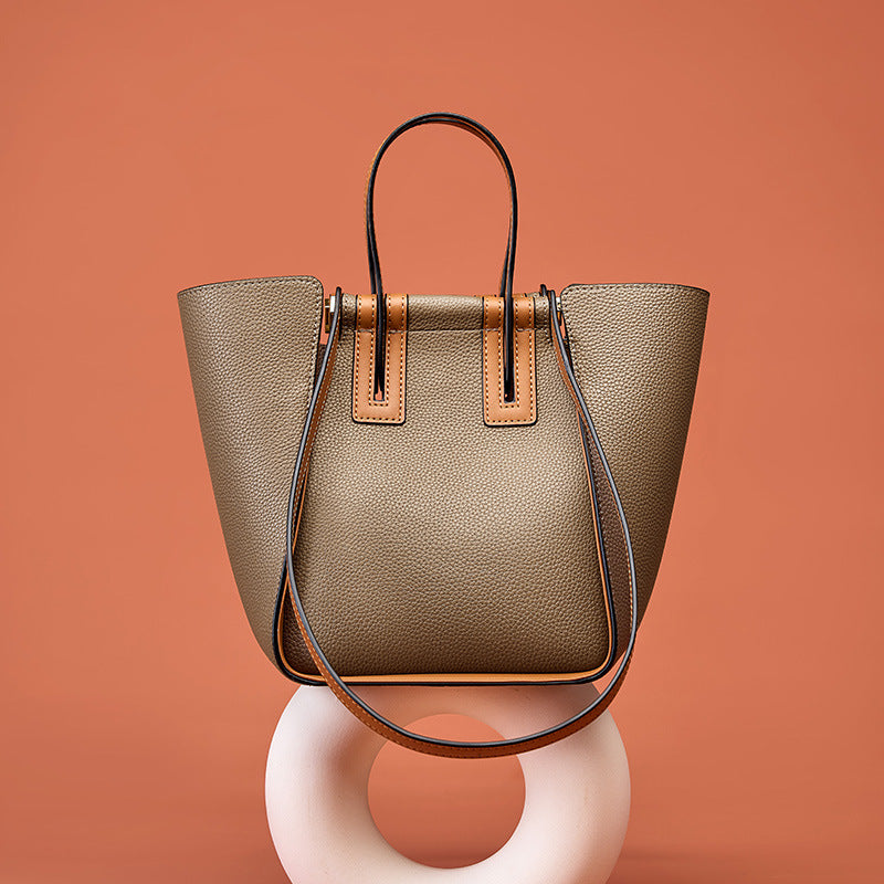 Color Block Leather Versatile Commuter Handbag