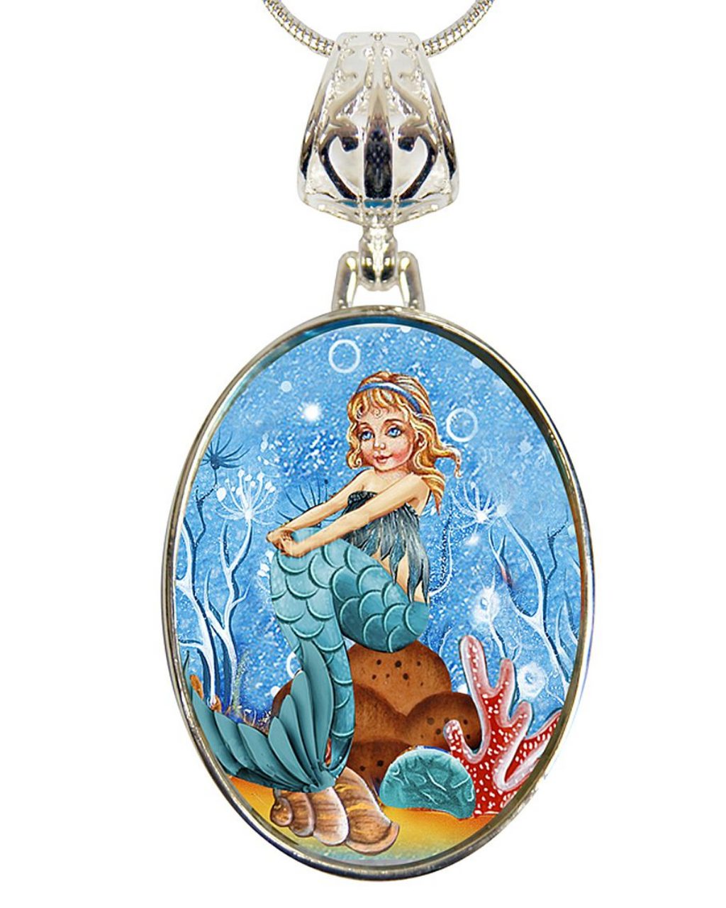 Mermaid Silver Plated Mother of Pearl Jewelry Pendant Necklace - 44042-0