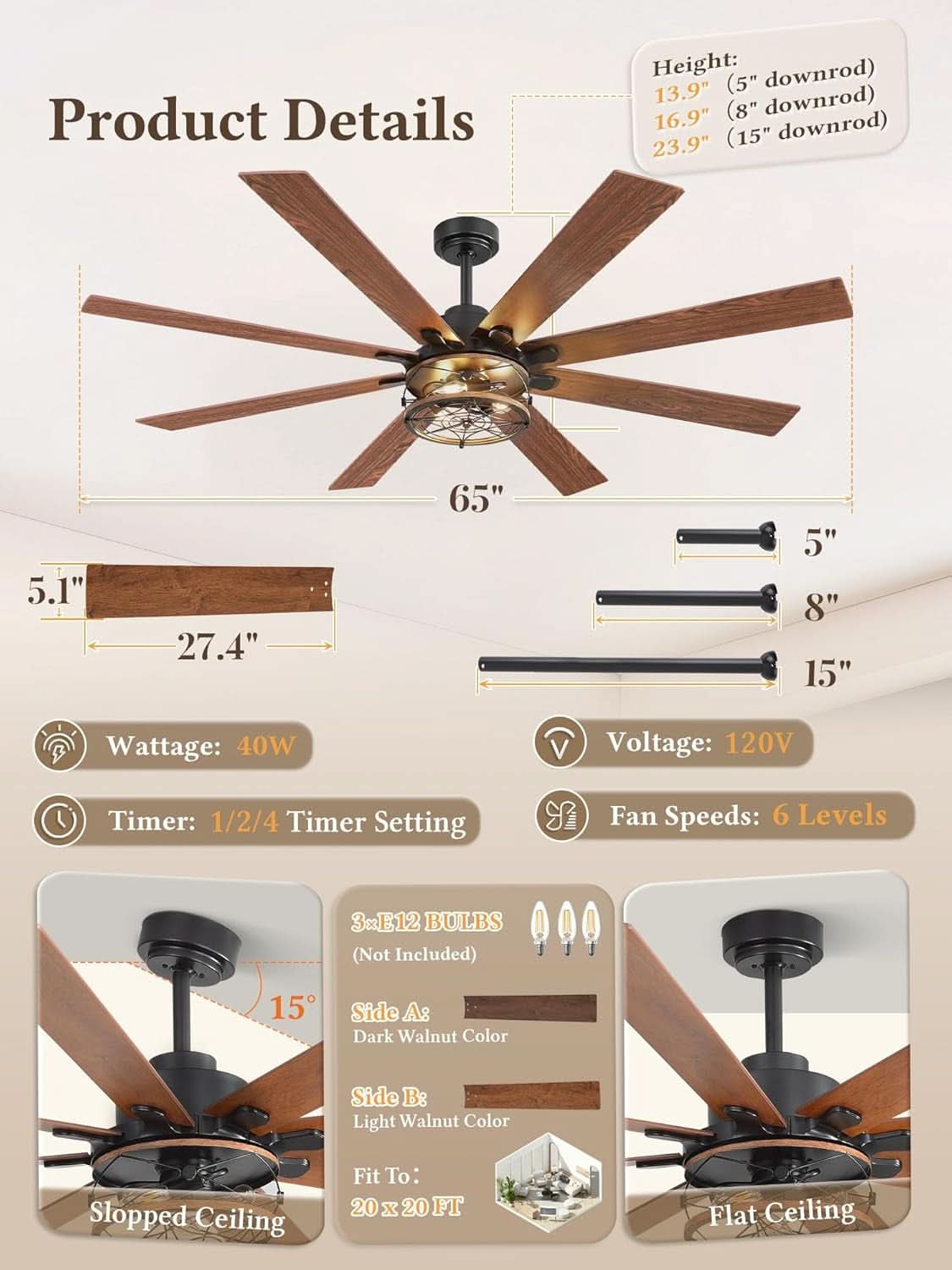 65 Inch Black Industrial Grade Rustic Ceiling Fan Remote-2
