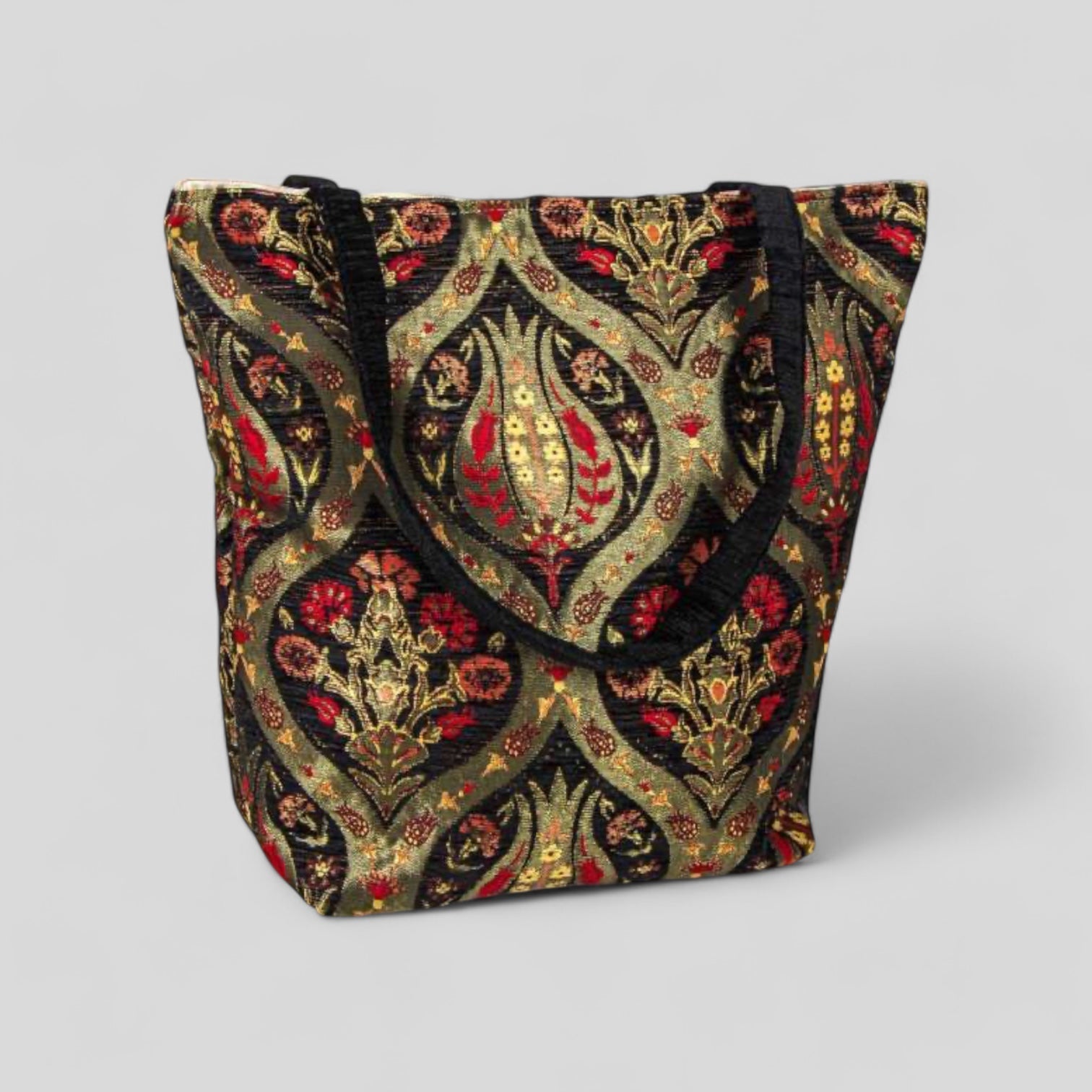 Authentic Kilim Fabric Ottoman Design Purse with Handles, Turkish Carpet, Beach Bag, Tote, Reusable Shopping Bag -- Black/Gold/Red-0