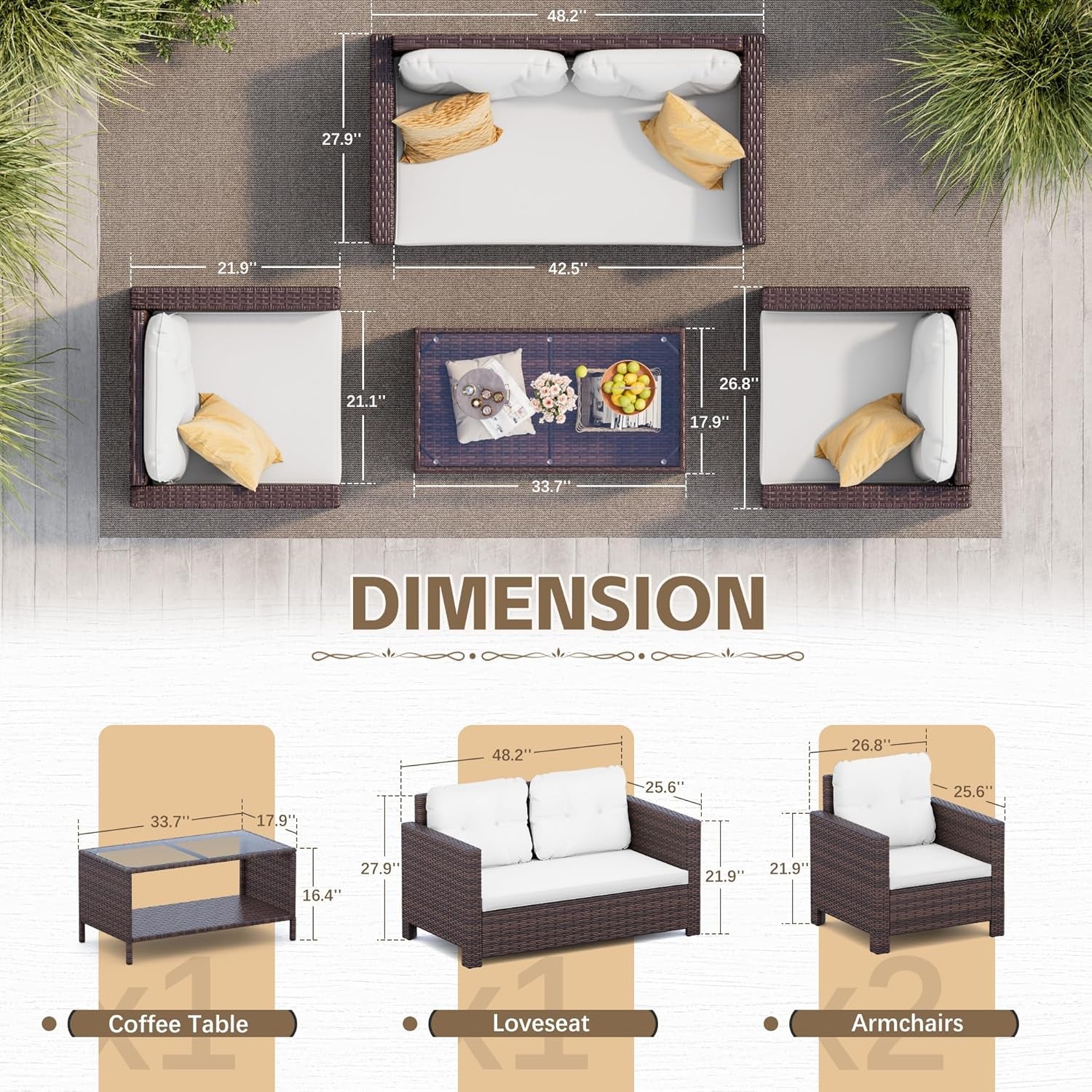 4 Piece Patio Rattan Furniture Set Beige Cushions Outdoor