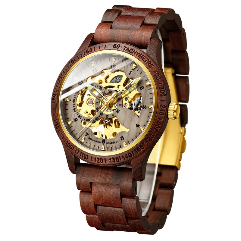 Sandalwood Skeleton Mechanical Watch
