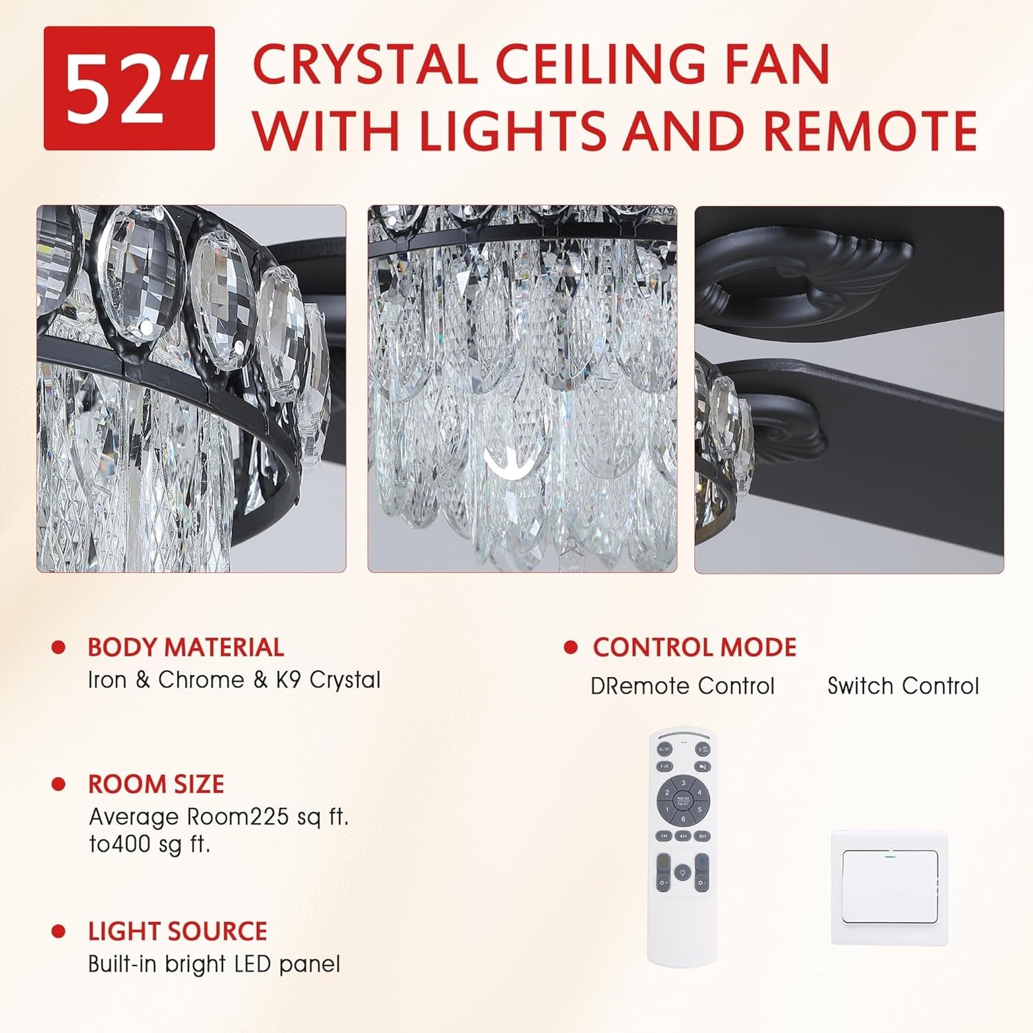 Crystal Chandelier Ceiling Fan Fandelier Remote 52 Inch-2