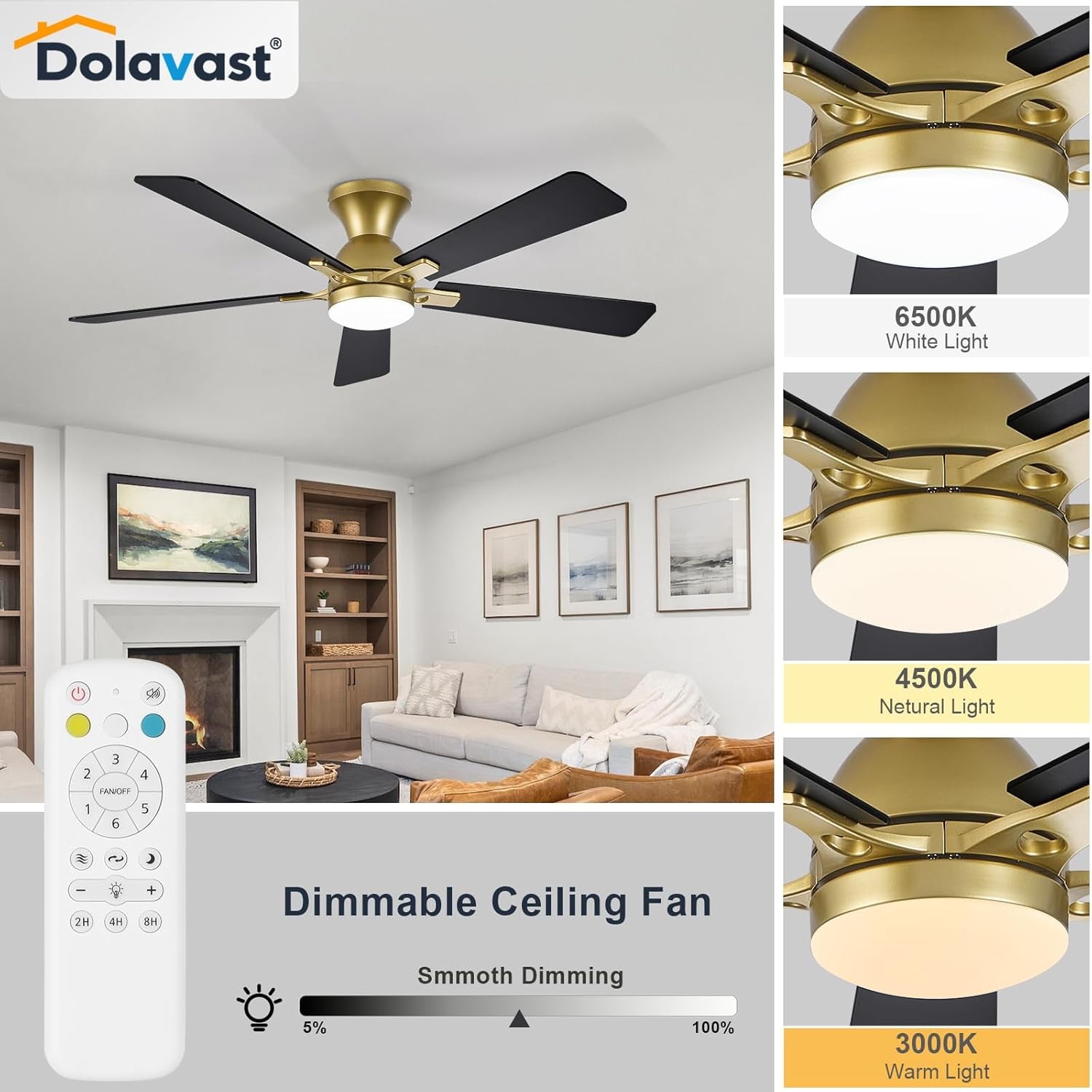 52 Inch Goldtone Fandelier Flush Mount Fan Dimmable LED-3