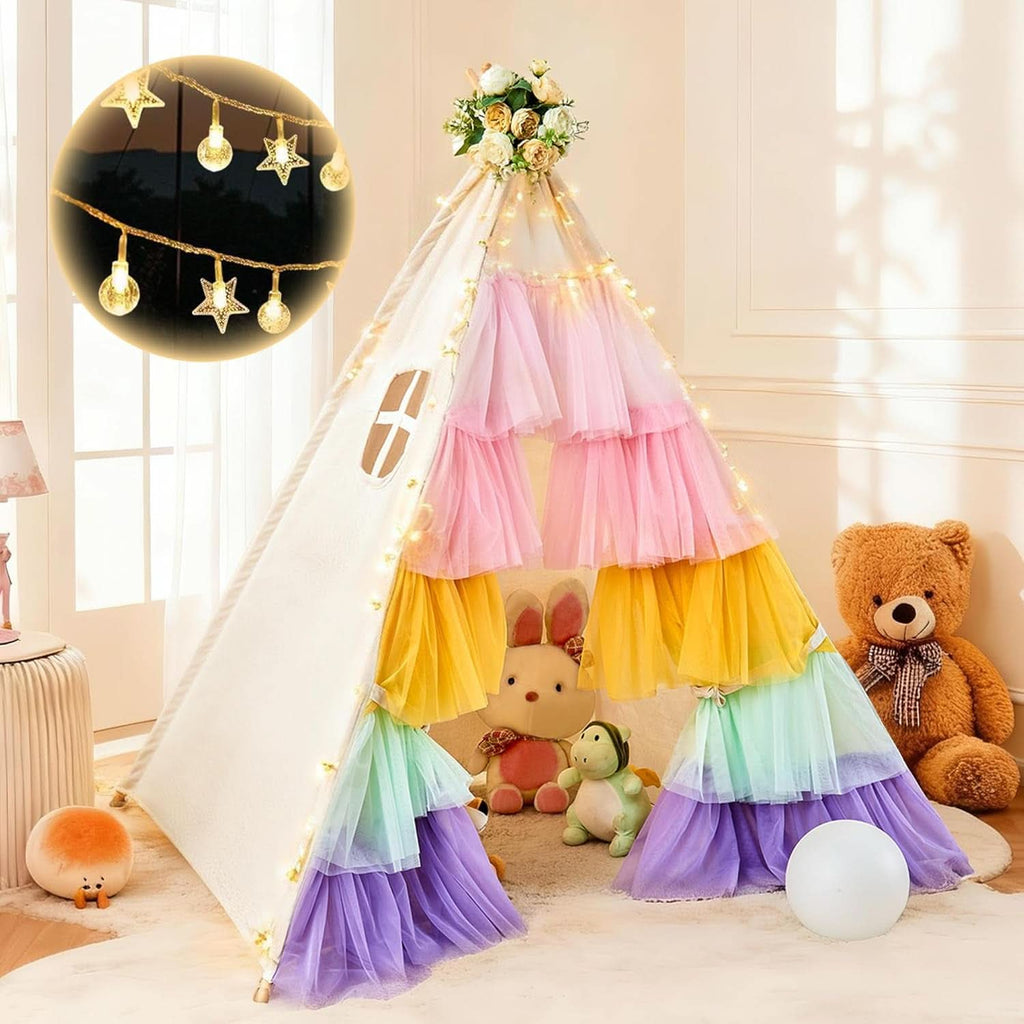 Colorful Multicolor Teepee Tent With Rainbow Gauze-0