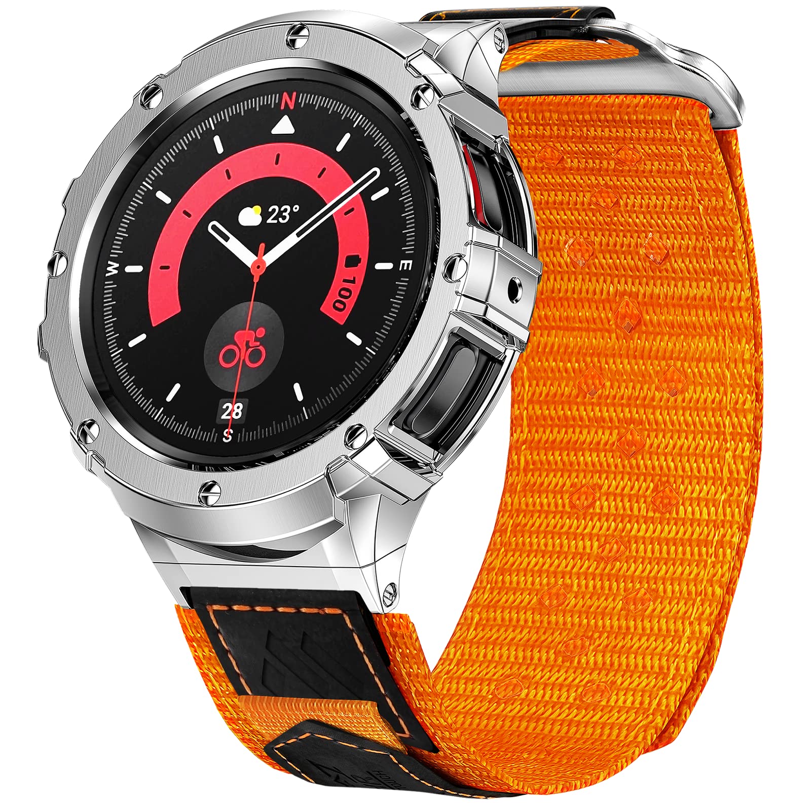MioHHR Metal Case with Bands Compatible with Samsung Galaxy Watch 6 44mm 2023 /Watch 5 44mm 2022 / Watch 4 44mm 2021 Nylon Bands and Stainless Steel Cover for Men