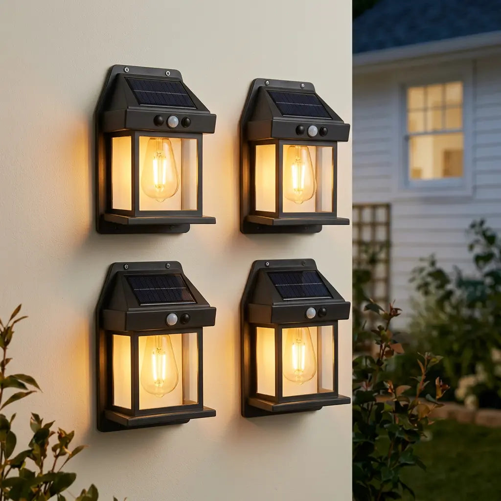 4 Pack Solar Outdoor Wall Lights with Motion Sensor, Waterproof IP65 Garden Security Lighting, 3 Modes Auto Dusk to Dawn, Wireless Decorative Lamp for Patio, Villa, Pathway-0