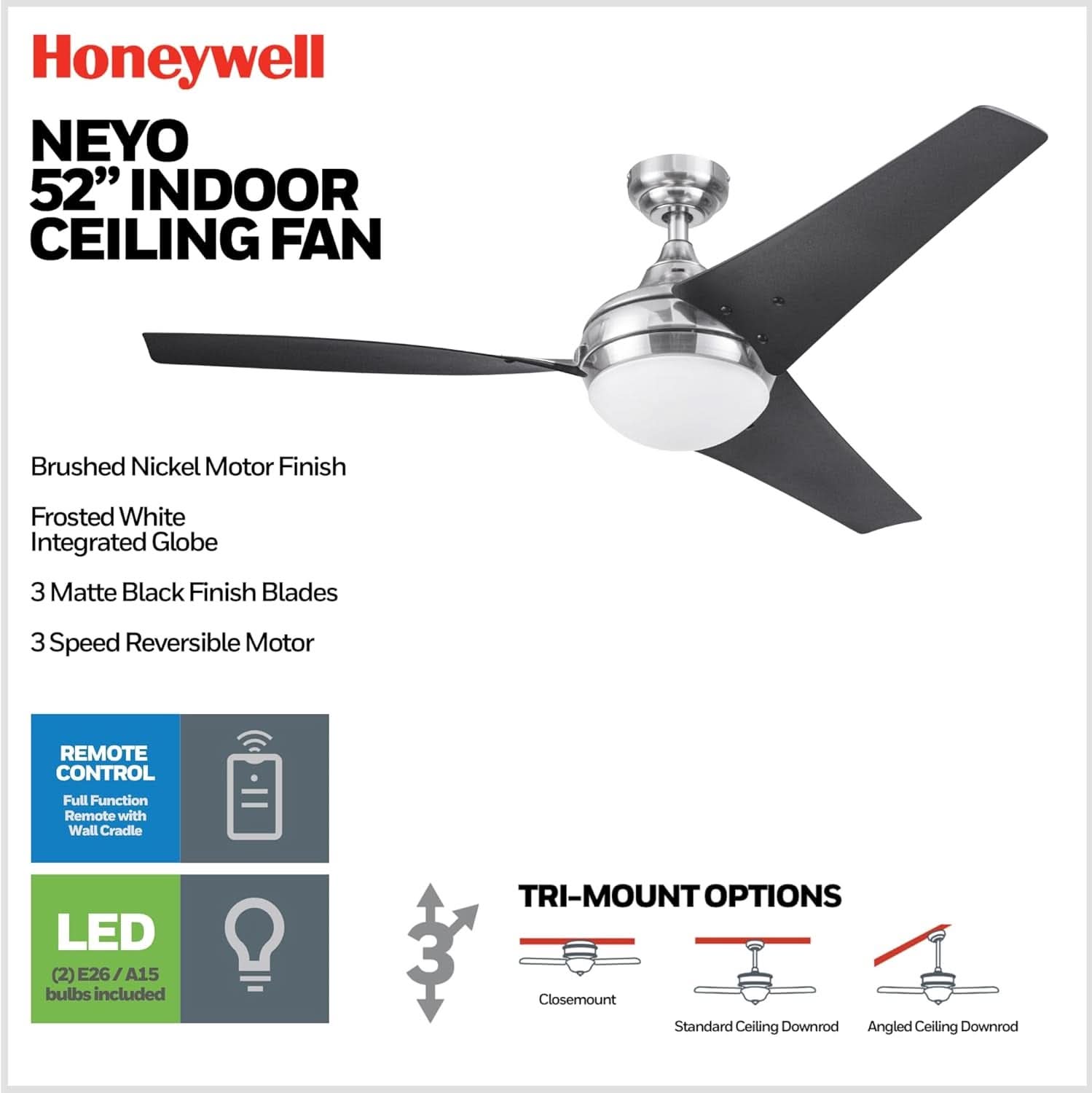 52 Inch Brushed Nickel LED Ceiling Fan With Remote-2