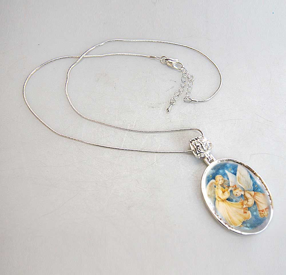 Angels Watching Over Silver Plated Mother of Pearl Jewelry Necklace - 43046-1