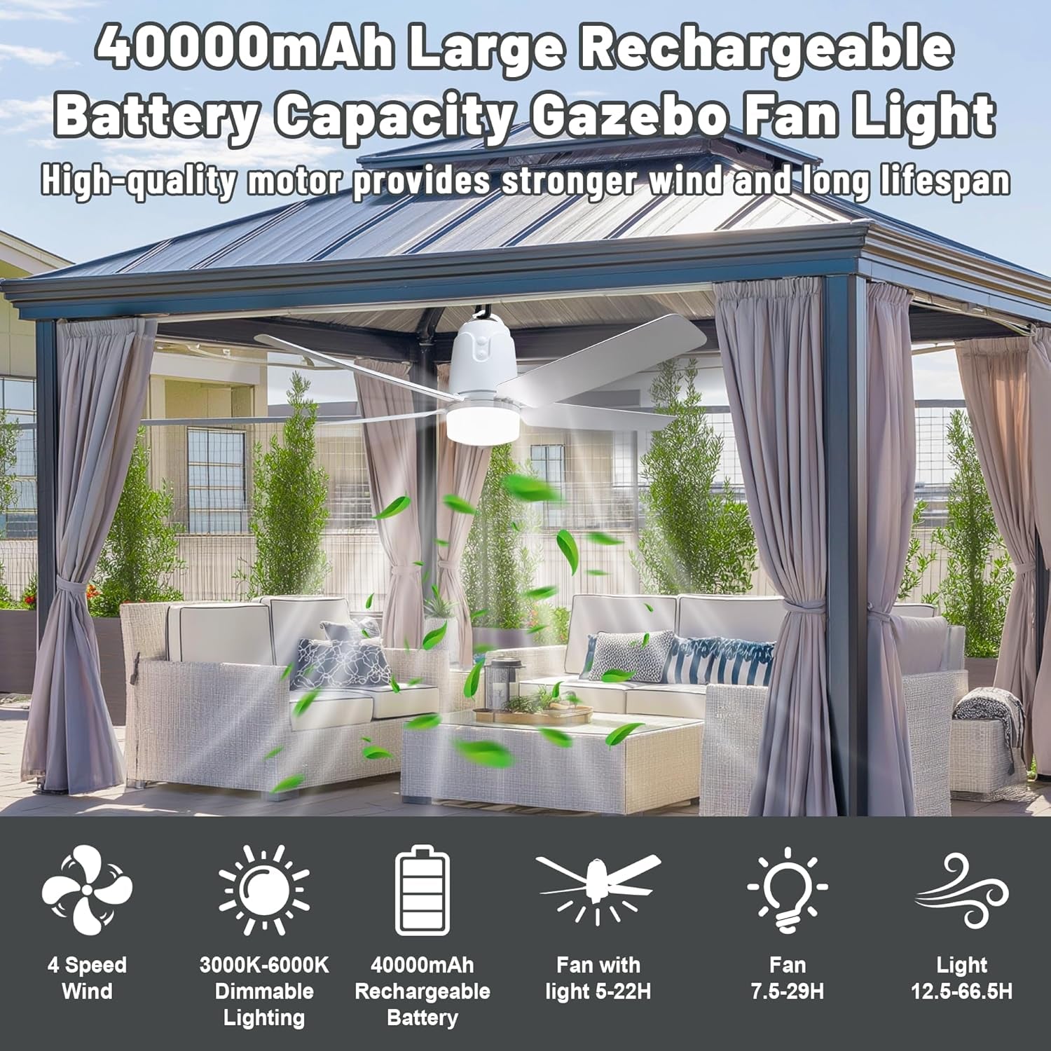 Rechargeable Outdoor Gazebo Ceiling Fan Light 31.5in-1