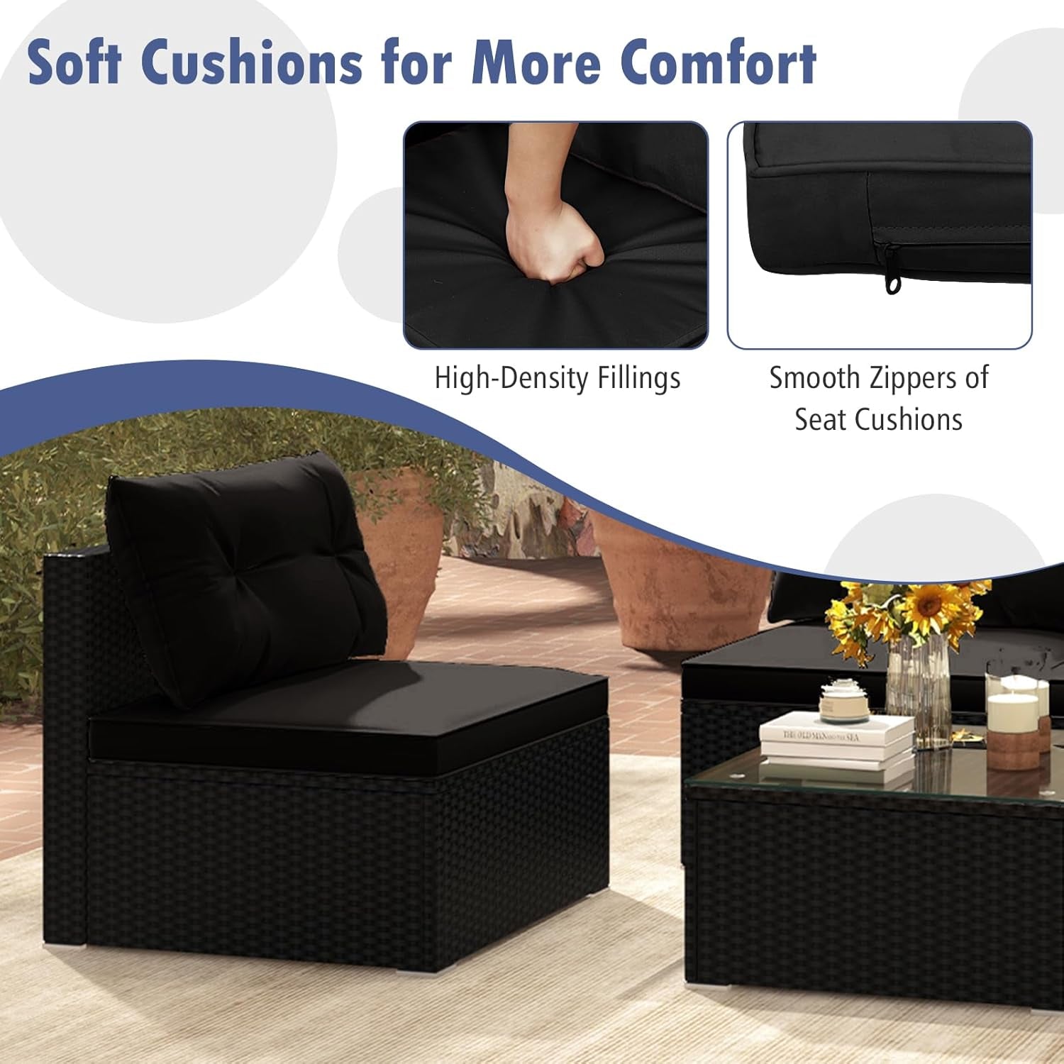 Black Rattan Outdoor Furniture Set With Glass Top Table