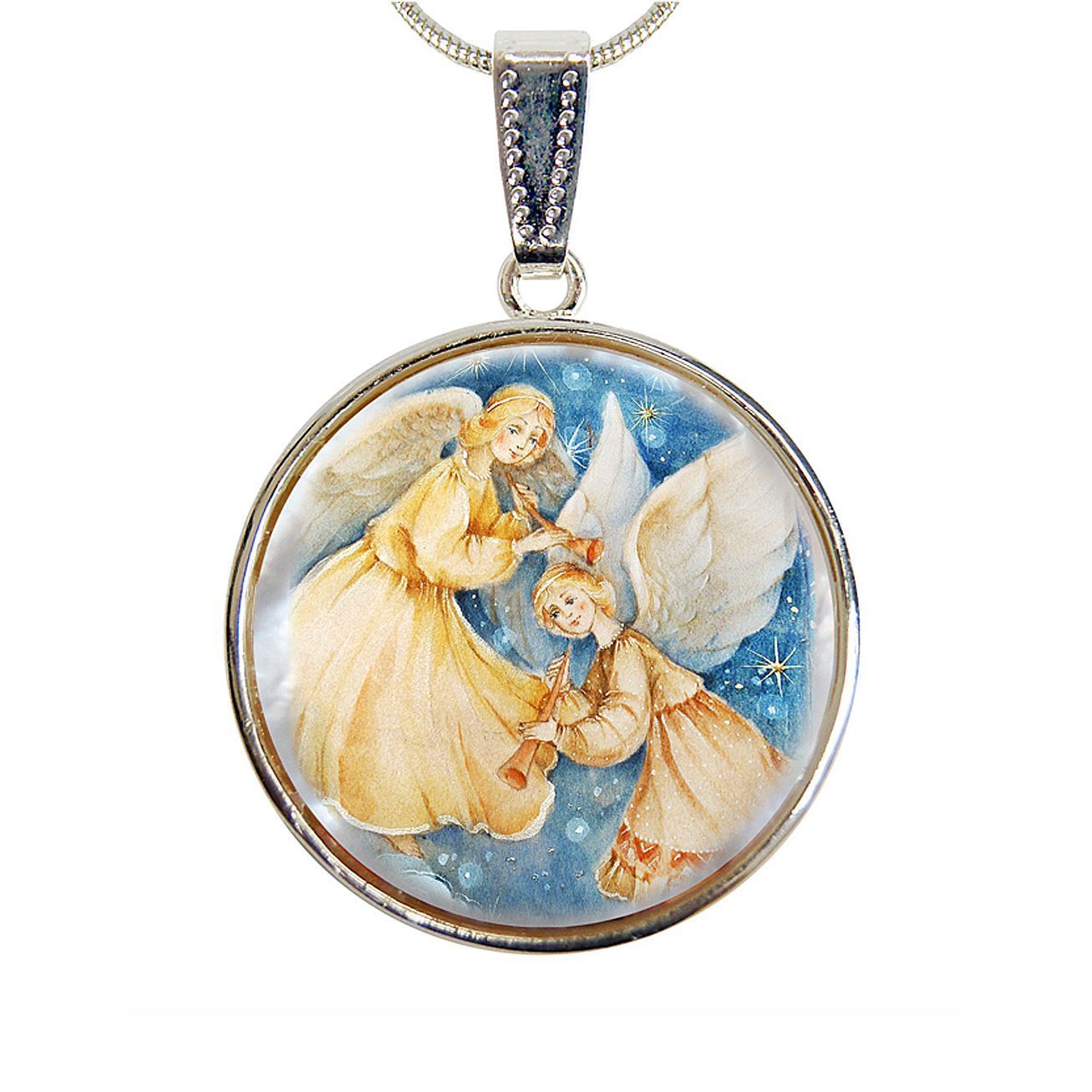 Angels Watching Over Silver Plated Mother of Pearl Jewelry Necklace - 43046-3