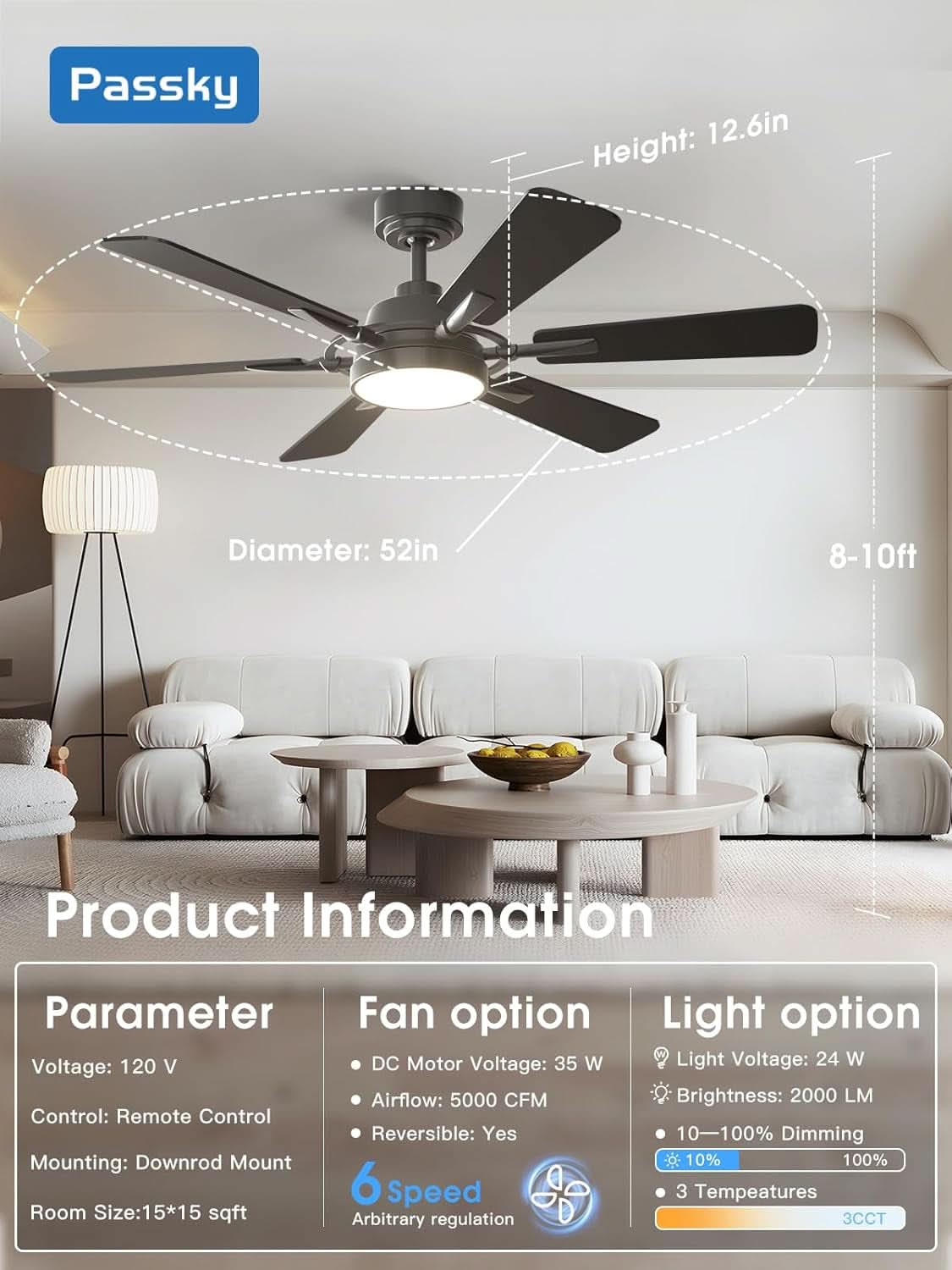 52 Inch Black Energy Efficient Ceiling Fan Lighting-2