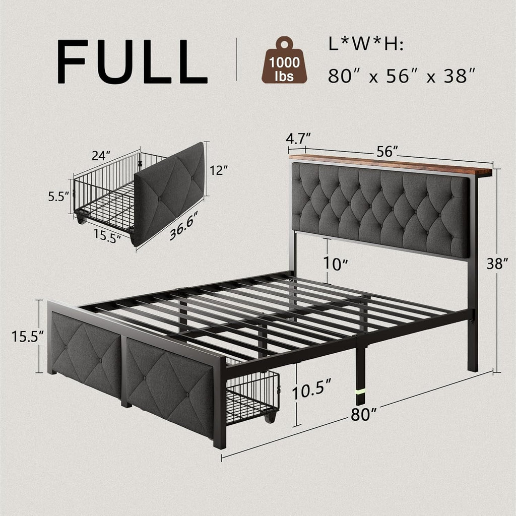 Full Size Bed Frame With Grey Storage Drawers USB Ports