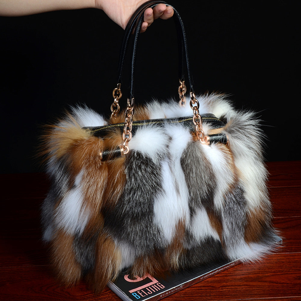 Fox Fur Fashion Handbag with Cowhide Trim