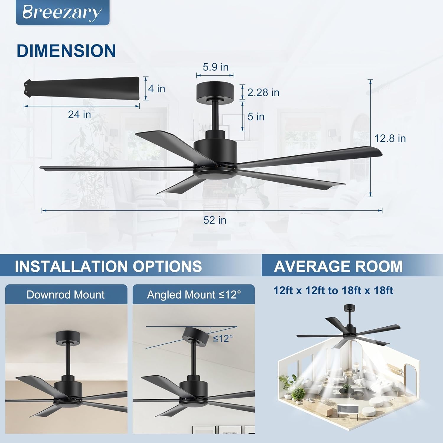 52Inch Black Industrial Grade Ceiling Fan DC Remote-2