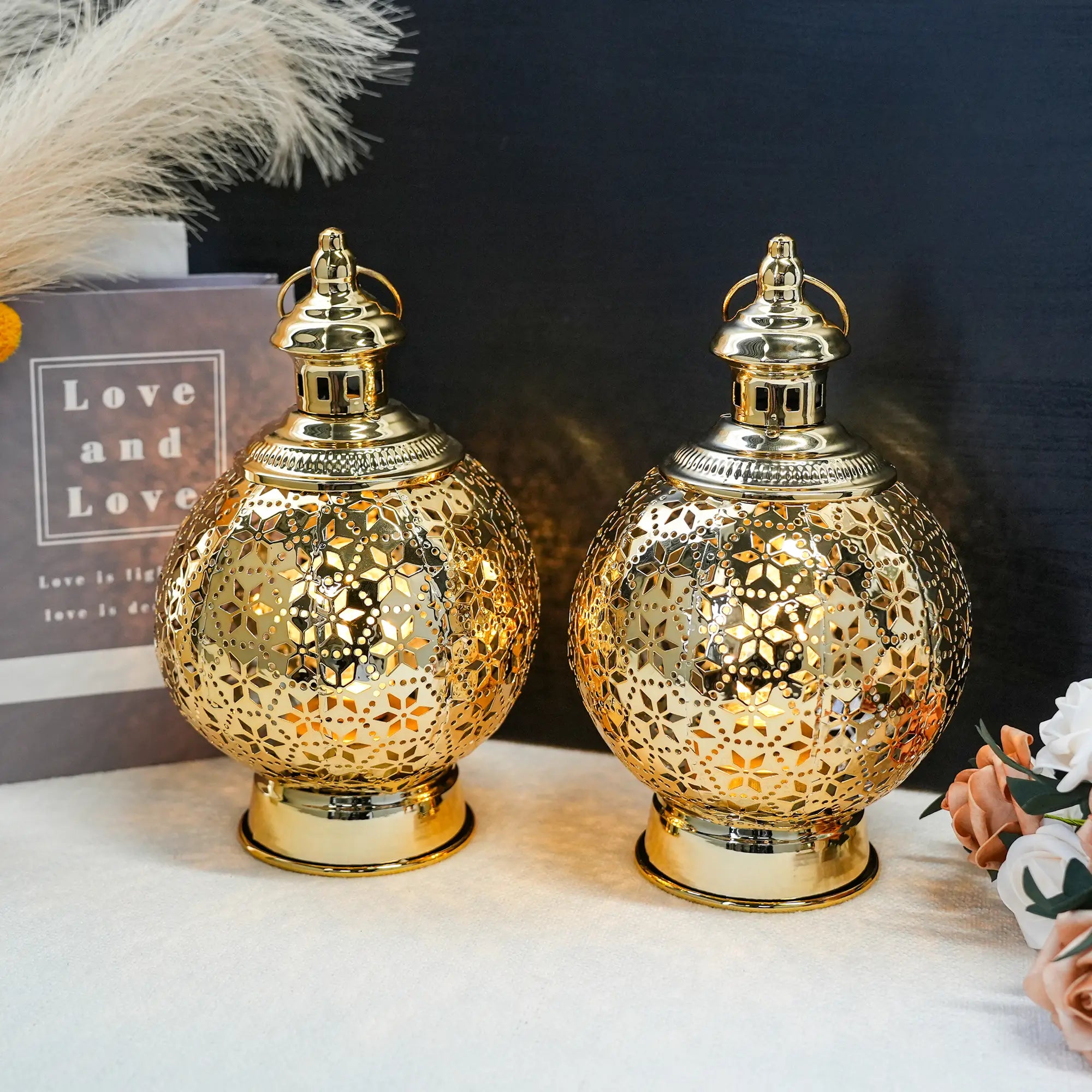 Metal Ramadan Lanterns 10" Gold Electric Candle Holders-2