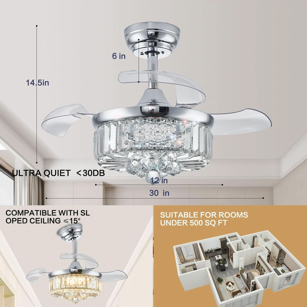 30 Inch Crystal Chandelier Ceiling Fan With Retractable Blades-3