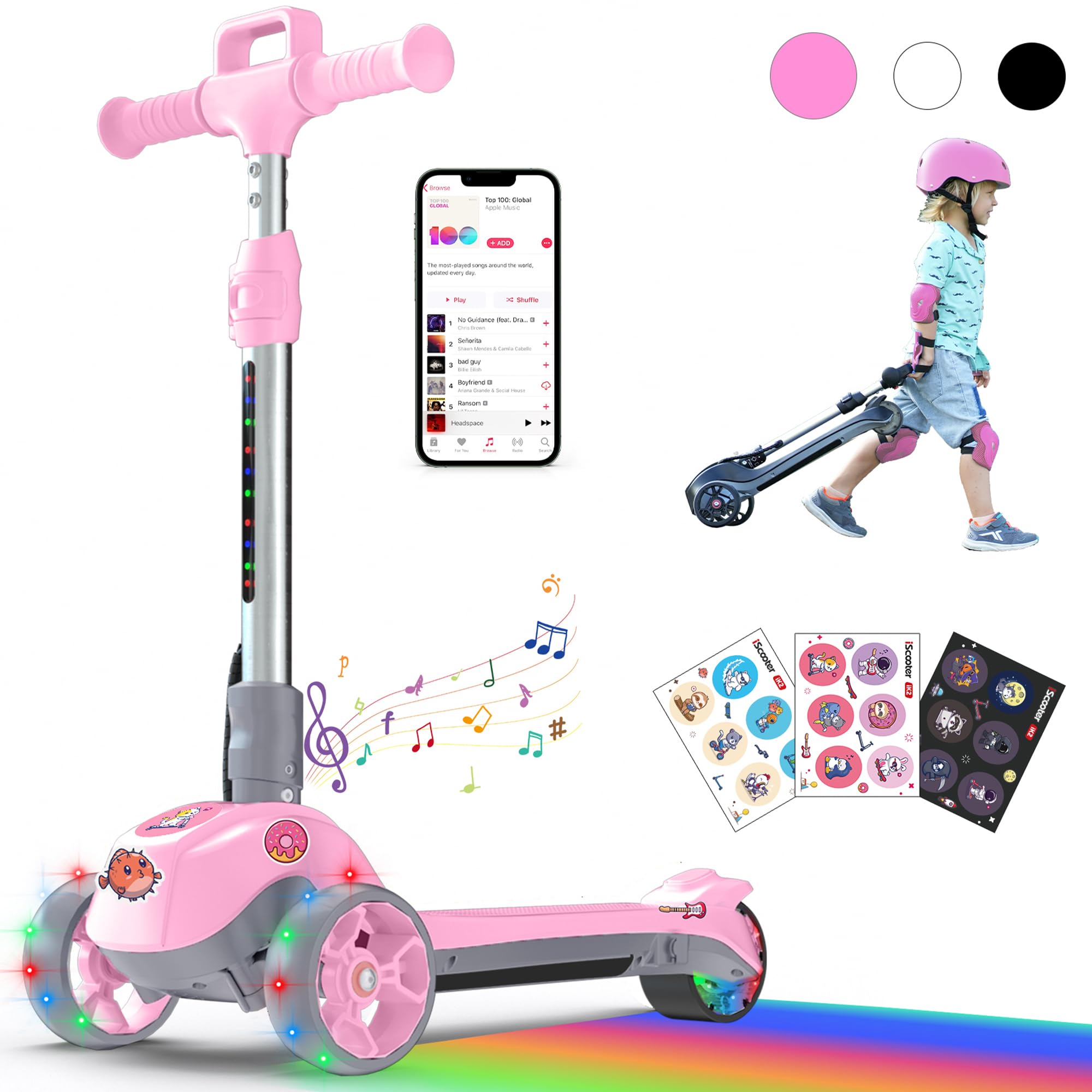 iScooter iK2 Electric Scooter for Kids Ages 3-8 Bluetooth Features Thumb Accelerator Colorful Lights 3 Adjustable Height Toddler Motorized Scooters Foldable Scooter for Kids (Pink)