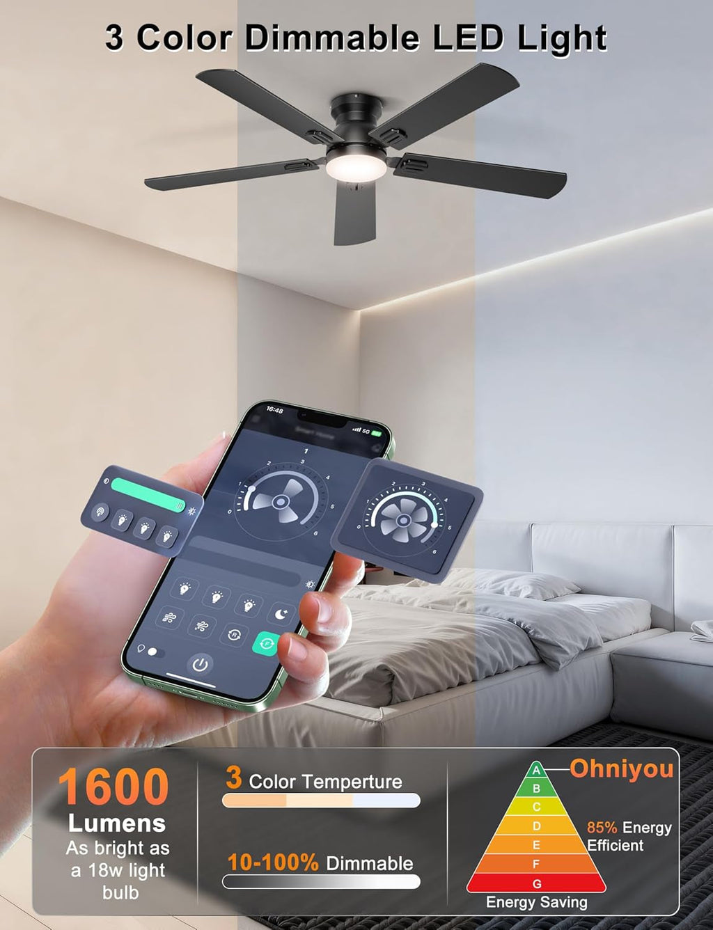 52Inch Ceiling Fan Flush Mount Remote Control System-3