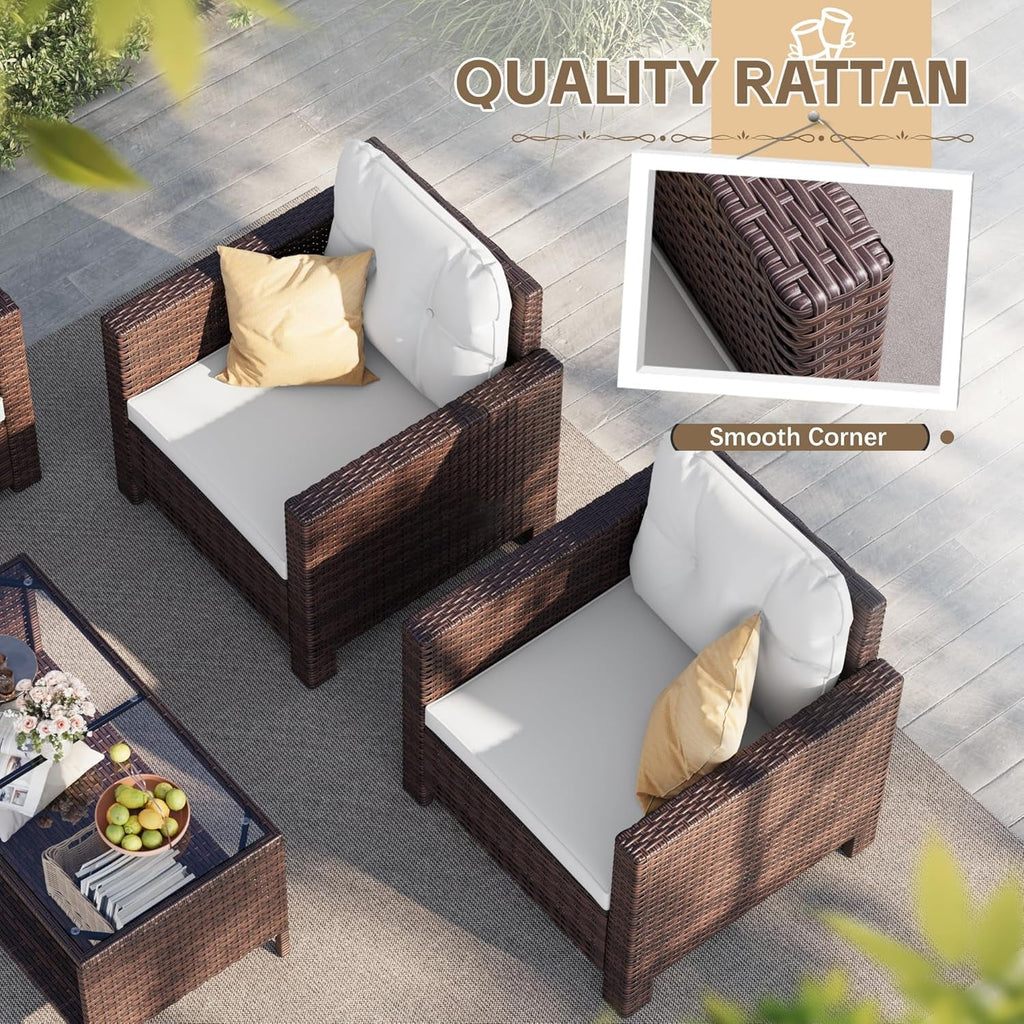4 Piece Patio Rattan Furniture Set Beige Cushions Outdoor