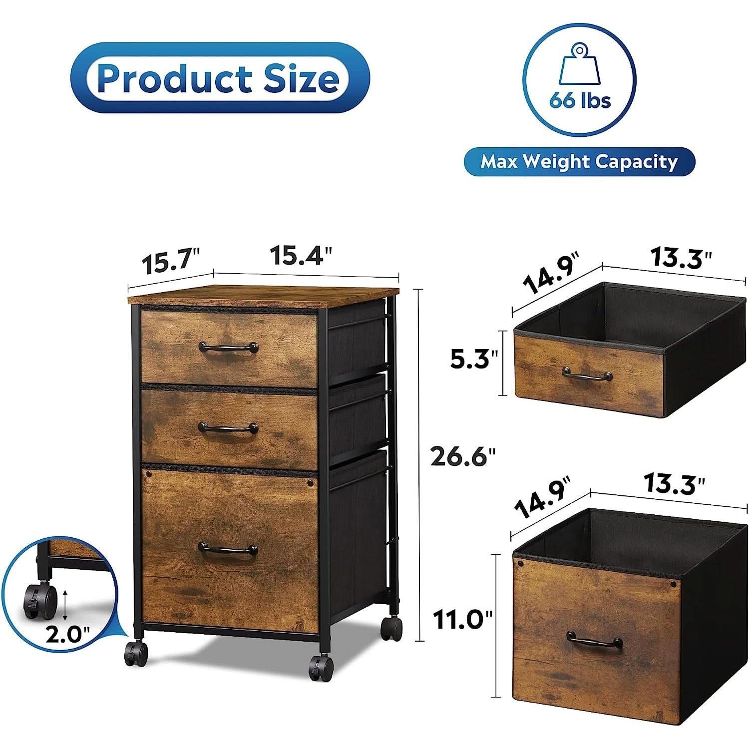 Rolling File Cabinet 3 Drawer In Rustic Brown Office Furniture-2
