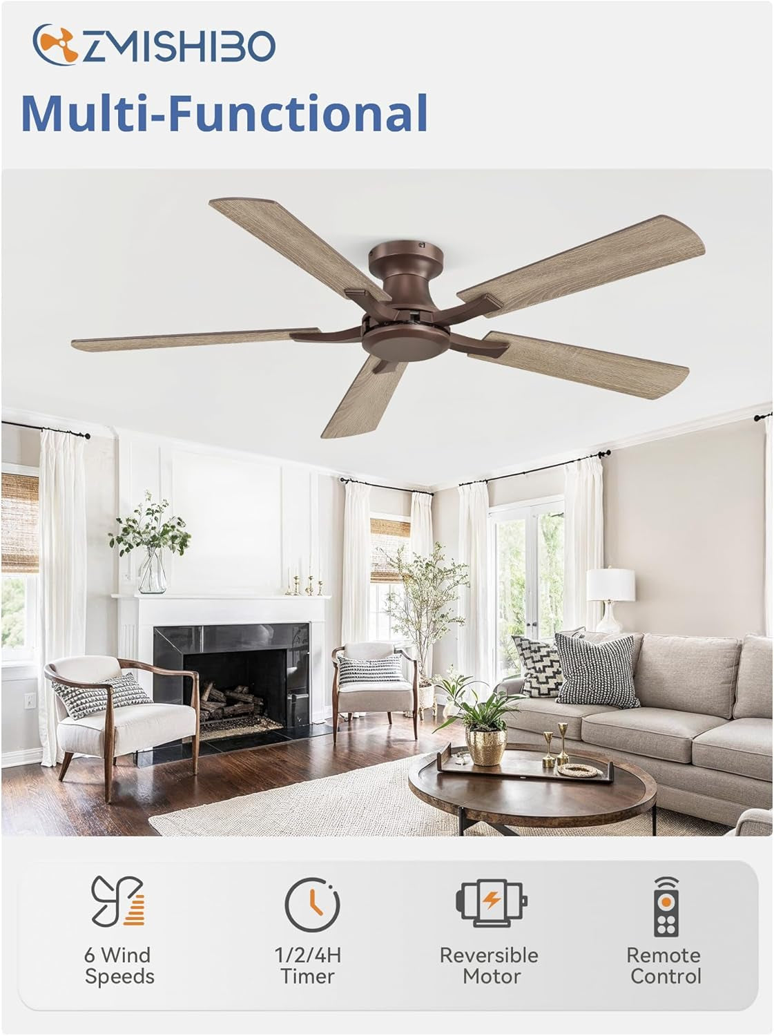 52Inch Brown Flush Mount Ceiling Fan Remote DC Motor-1