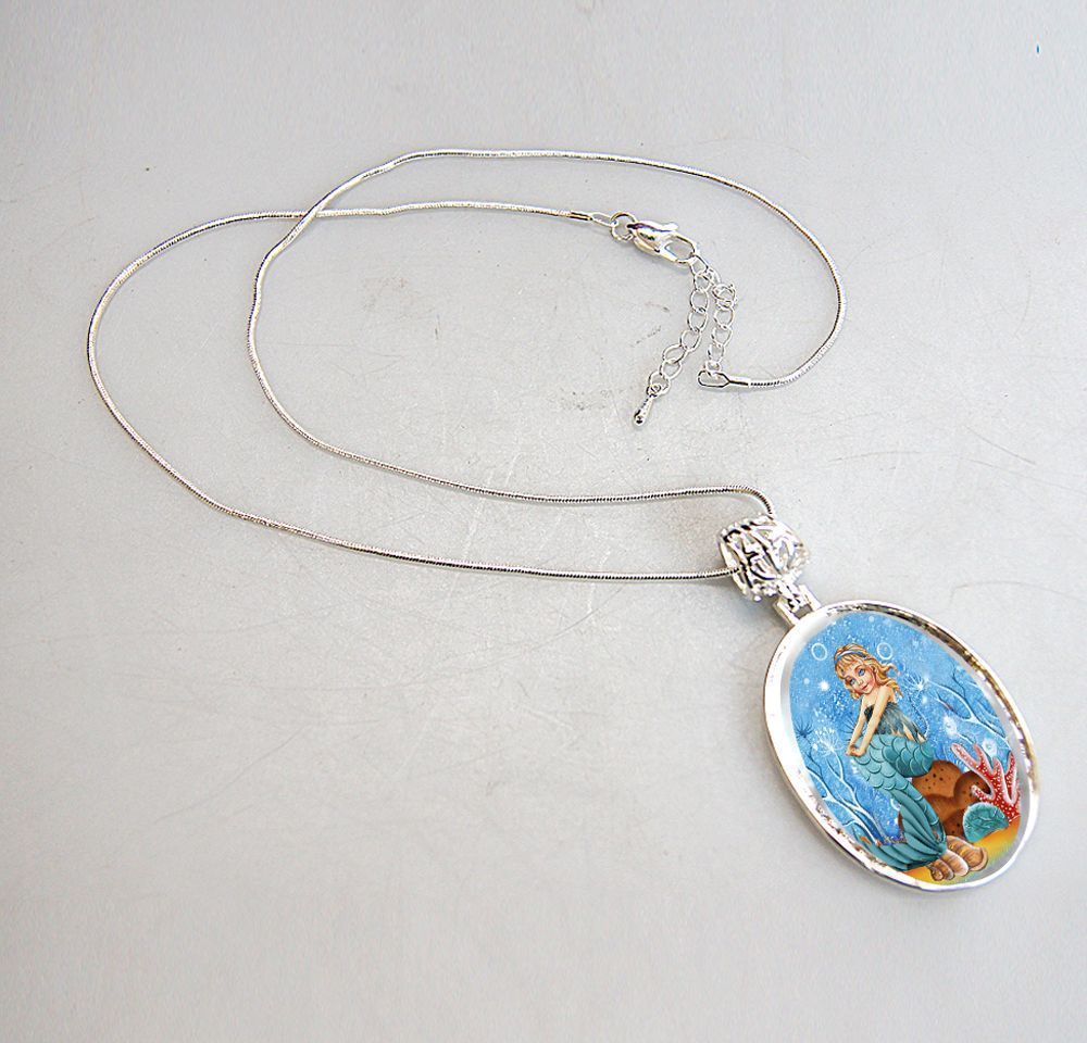 Mermaid Silver Plated Mother of Pearl Jewelry Pendant Necklace - 44042-1