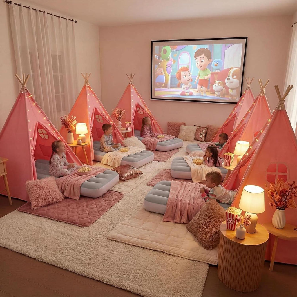 Pink Teepee Tent With Inflatable Airbed LED String Lights-1