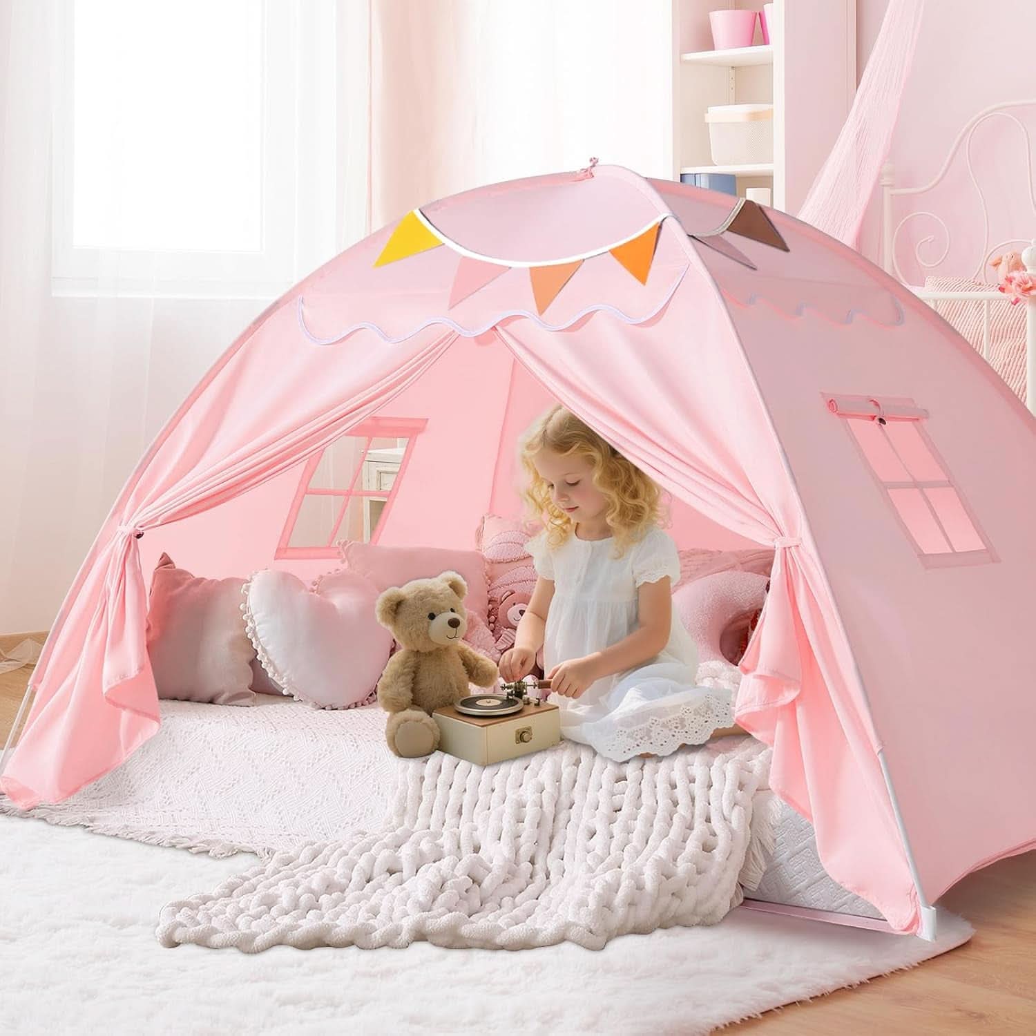 Toddler Bed Tent Canopy Portable Pink Night Light Pro-1