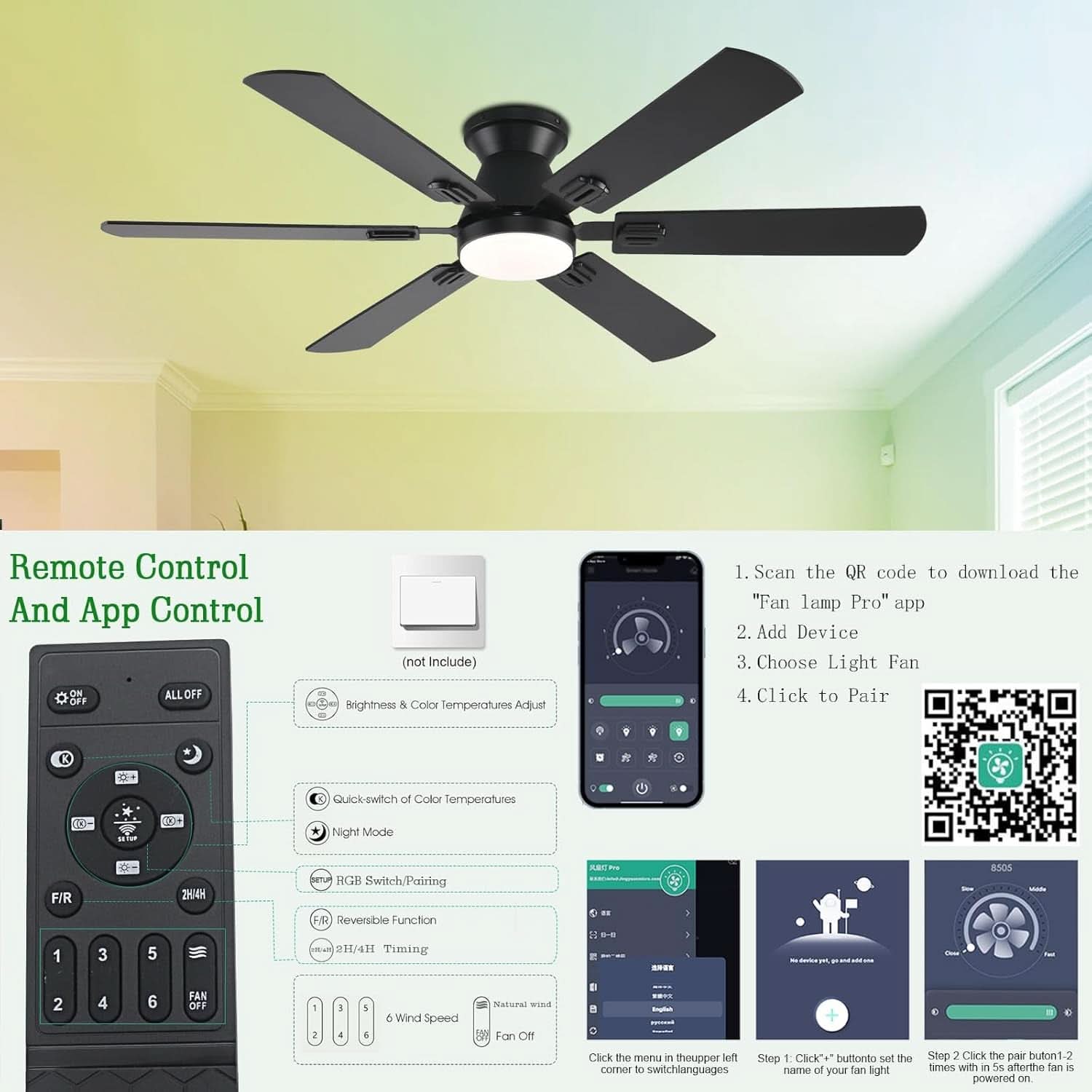 56Inch Jet Black Ultra Quiet Flush Mount Ceiling Fan-2