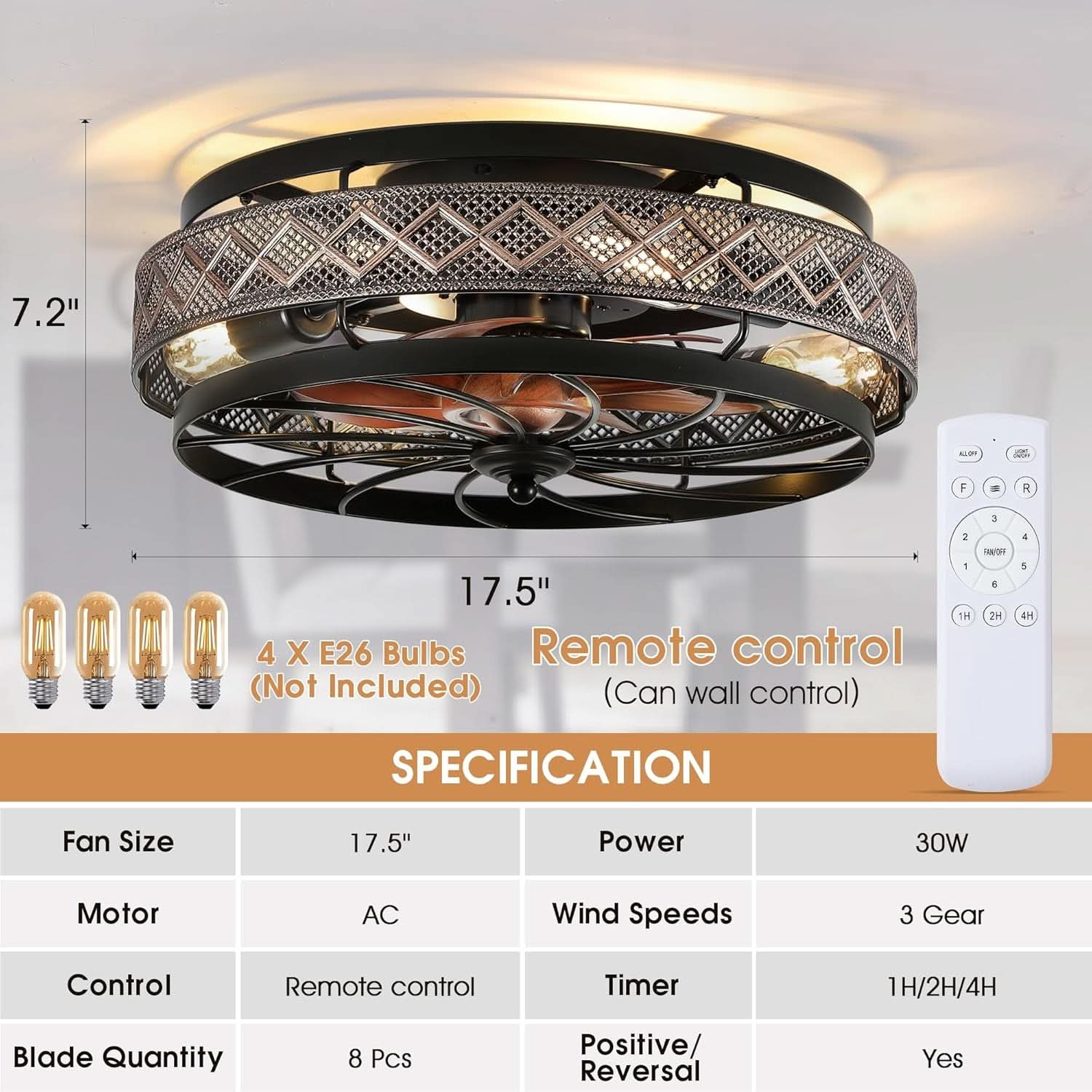 18 Inch Industrial Caged Ceiling Fan With Light Remote-4
