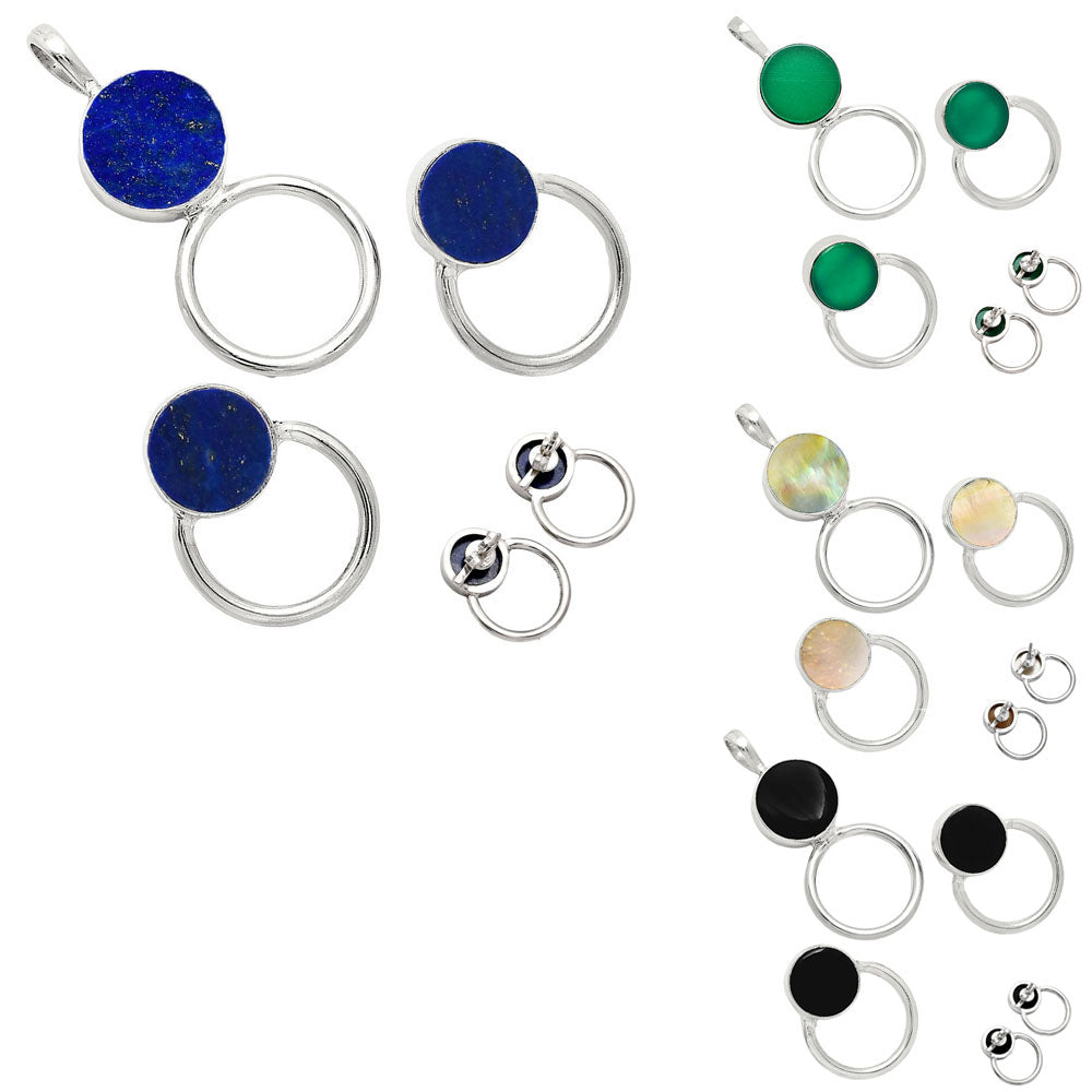 Natural Gemstone Circle Pendant Earrings Jewelry Set 925 Sterling Silver AGT1001 T-1012-1