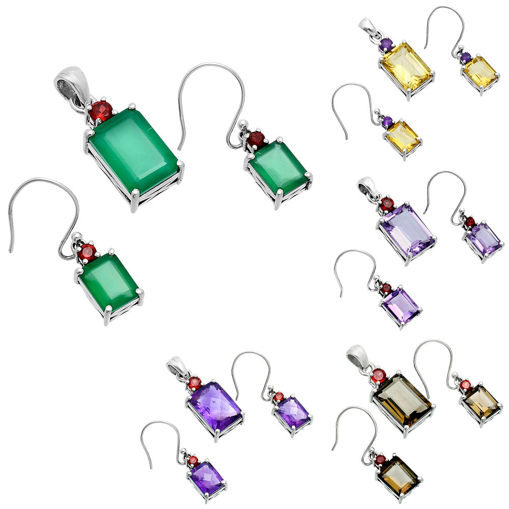 Faceted Rectangle Pendant Earrings Jewelry Set 925 Sterling Silver AGT1009 T-1019-1
