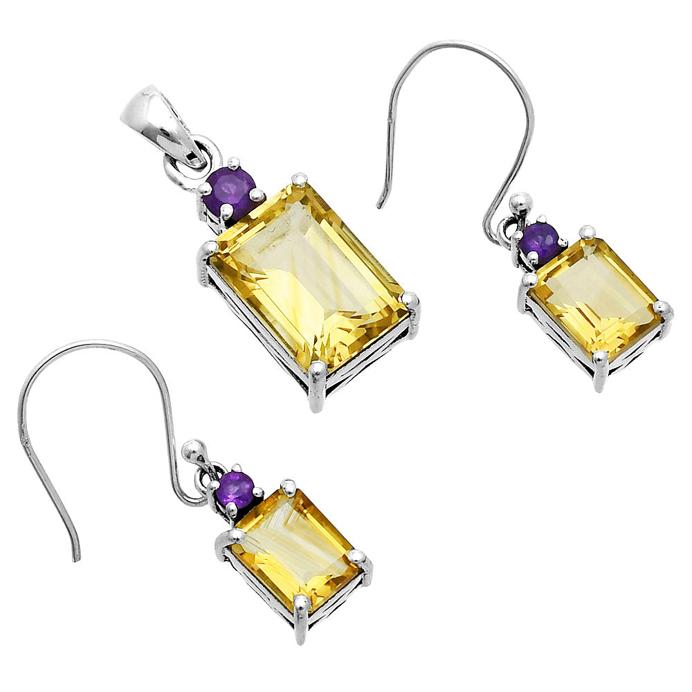 Faceted Rectangle Pendant Earrings Jewelry Set 925 Sterling Silver AGT1009 T-1019-5