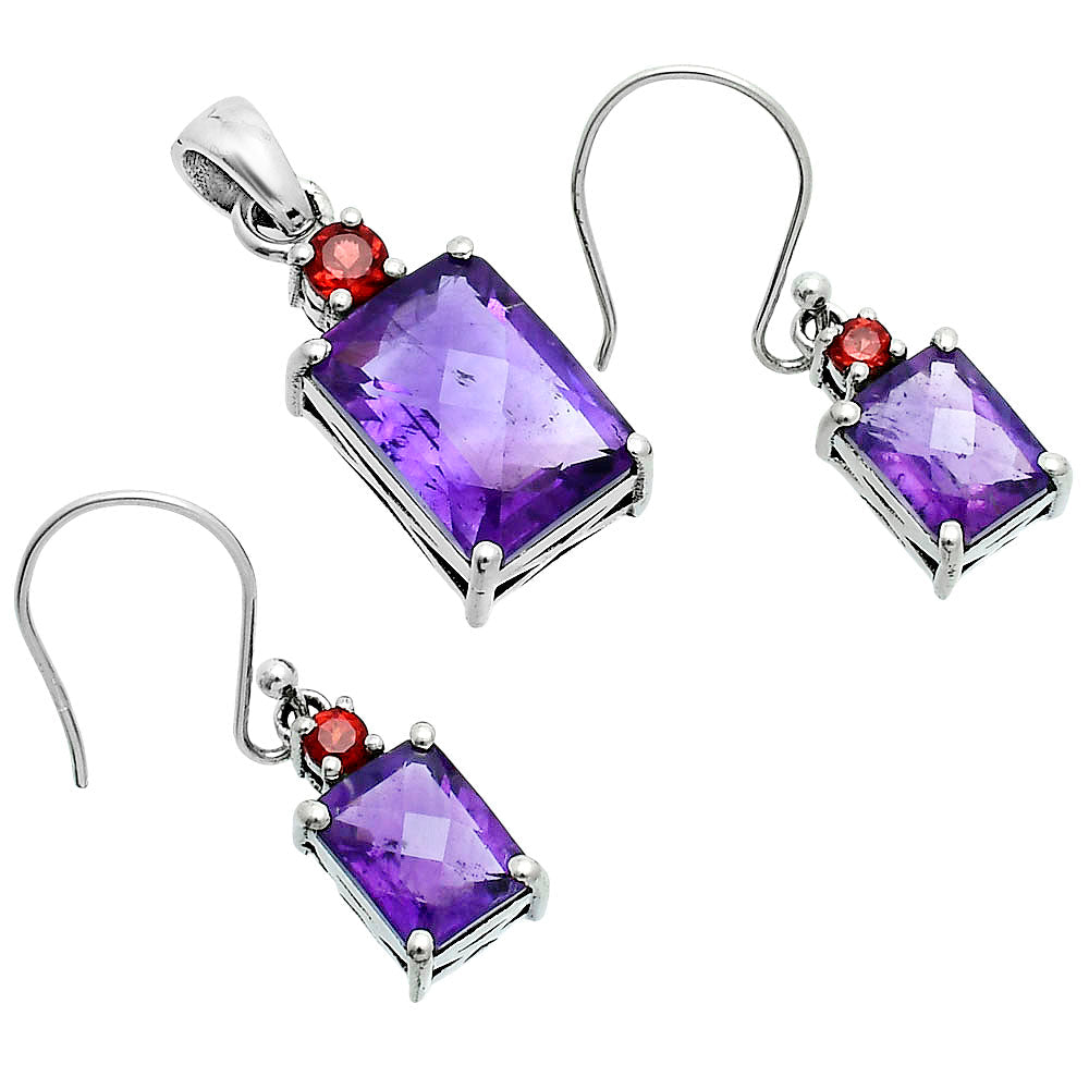 Faceted Rectangle Pendant Earrings Jewelry Set 925 Sterling Silver AGT1009 T-1019-8
