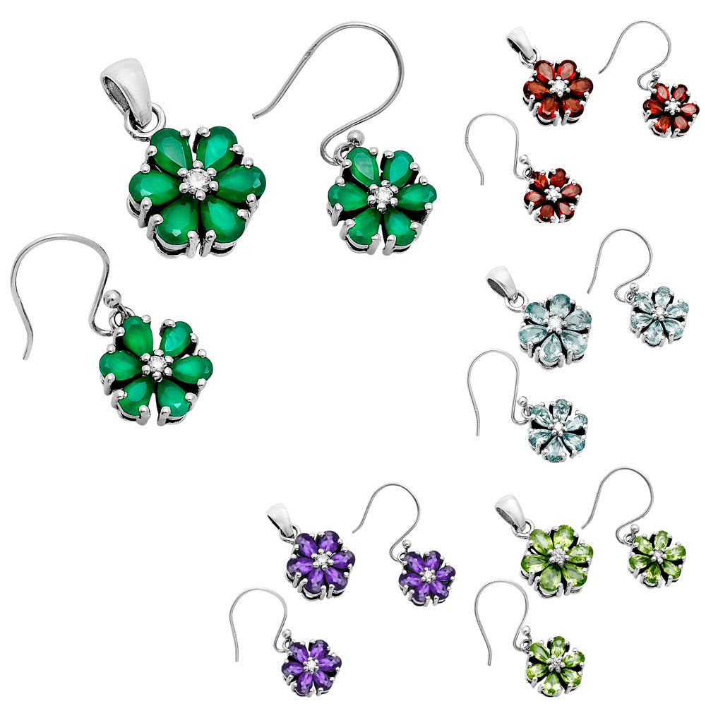 Multi-Gemstone Flower Pendant Earrings Jewelry Set 925 Sterling Silver AGT1011 T-1021-1