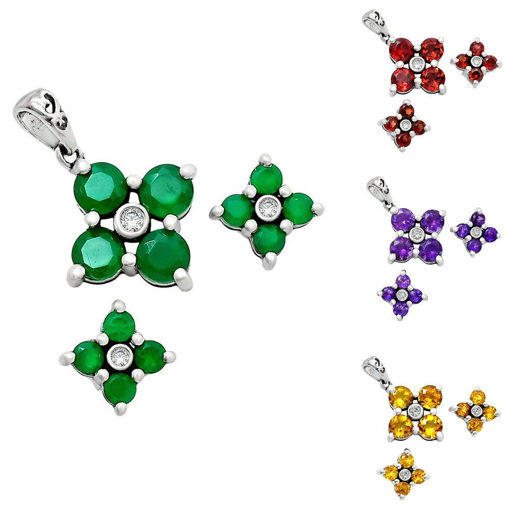 925 Sterling Silver Gemstone Flower Earrings & Pendant Jewelry Set AGT1012 T-1022-1