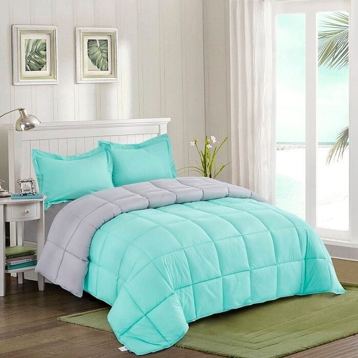 Full/Queen Traditional Microfiber Reversible 3 Piece Comforter Set in Blue/Grey-0