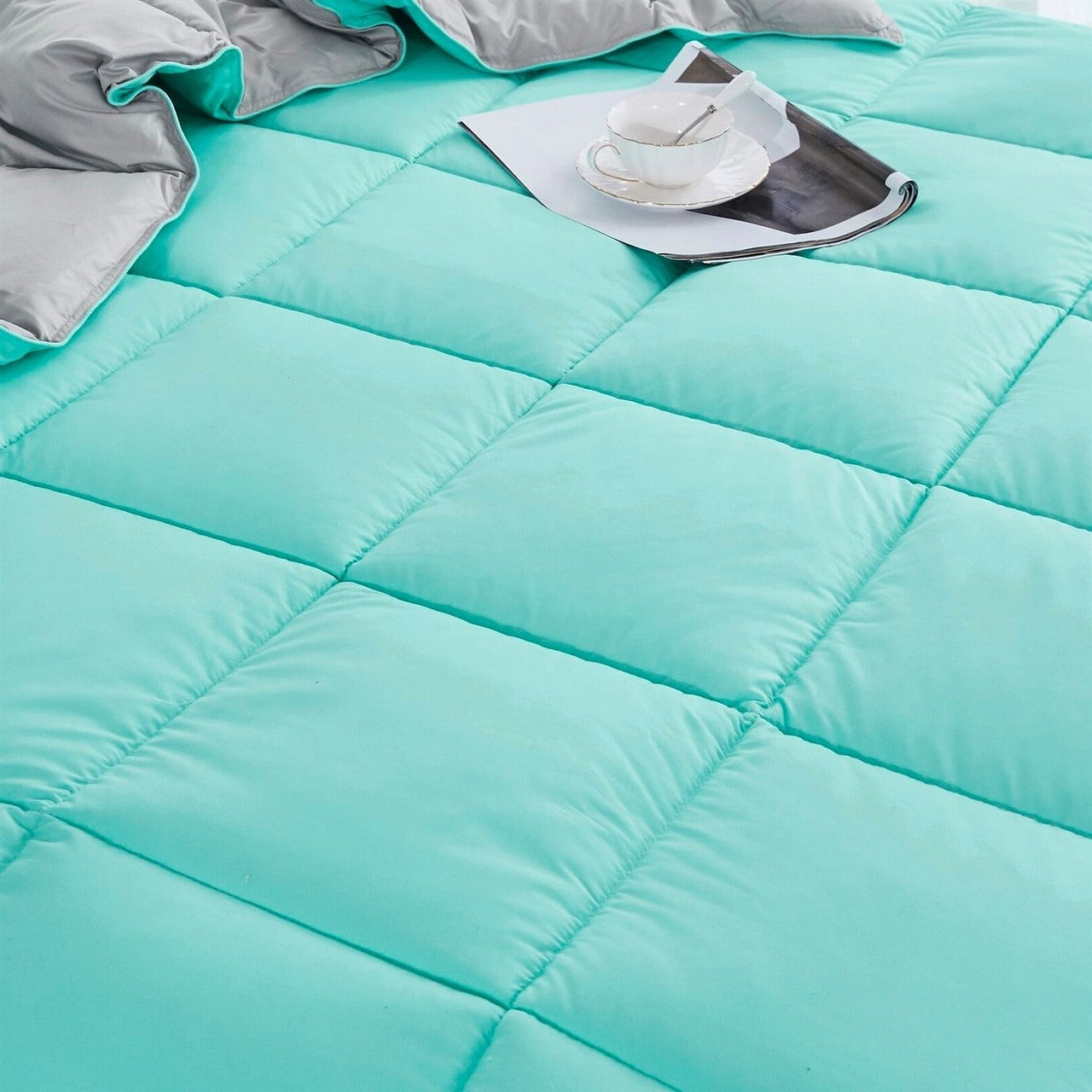 Full/Queen Traditional Microfiber Reversible 3 Piece Comforter Set in Blue/Grey-1