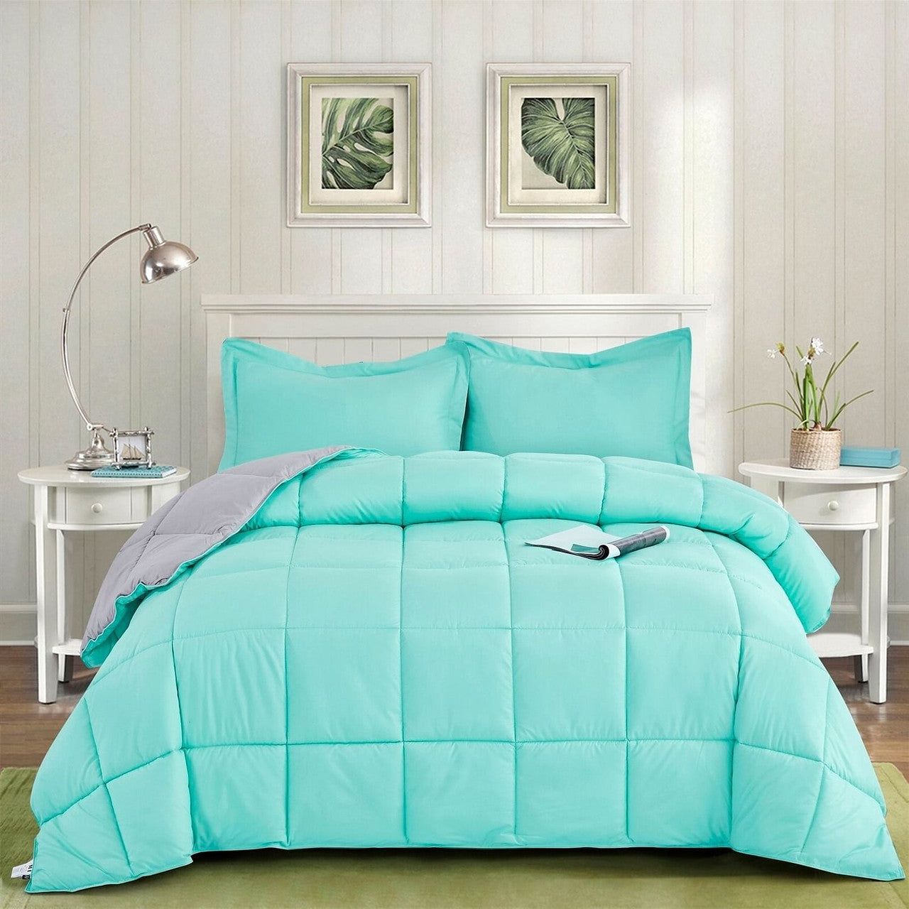 Full/Queen Traditional Microfiber Reversible 3 Piece Comforter Set in Blue/Grey-2