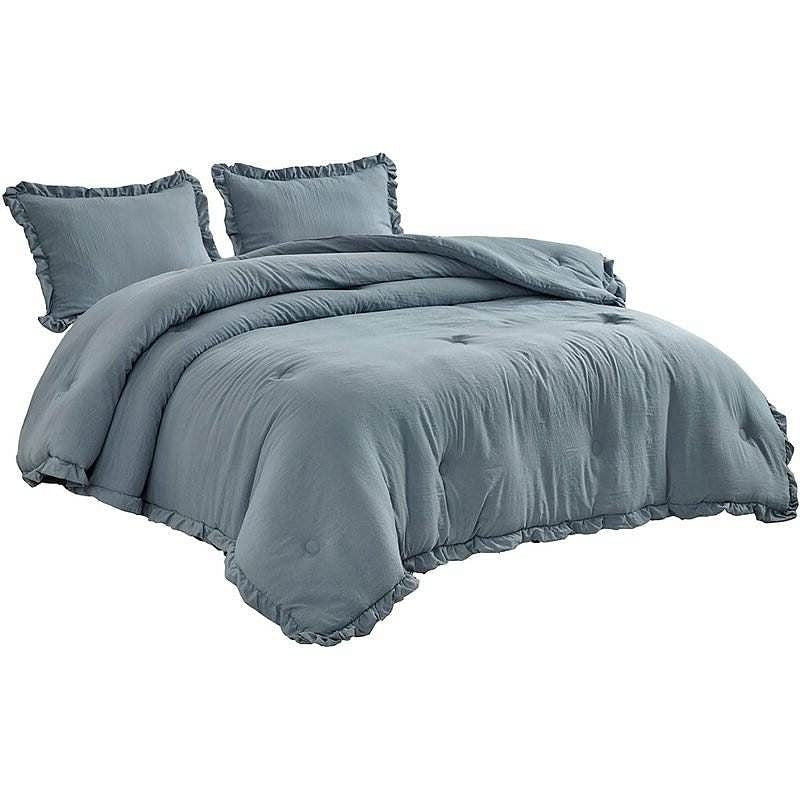 Full Size Blue Stone Washed Ruffled Edge Microfiber 3-Piece Comforter Set-2