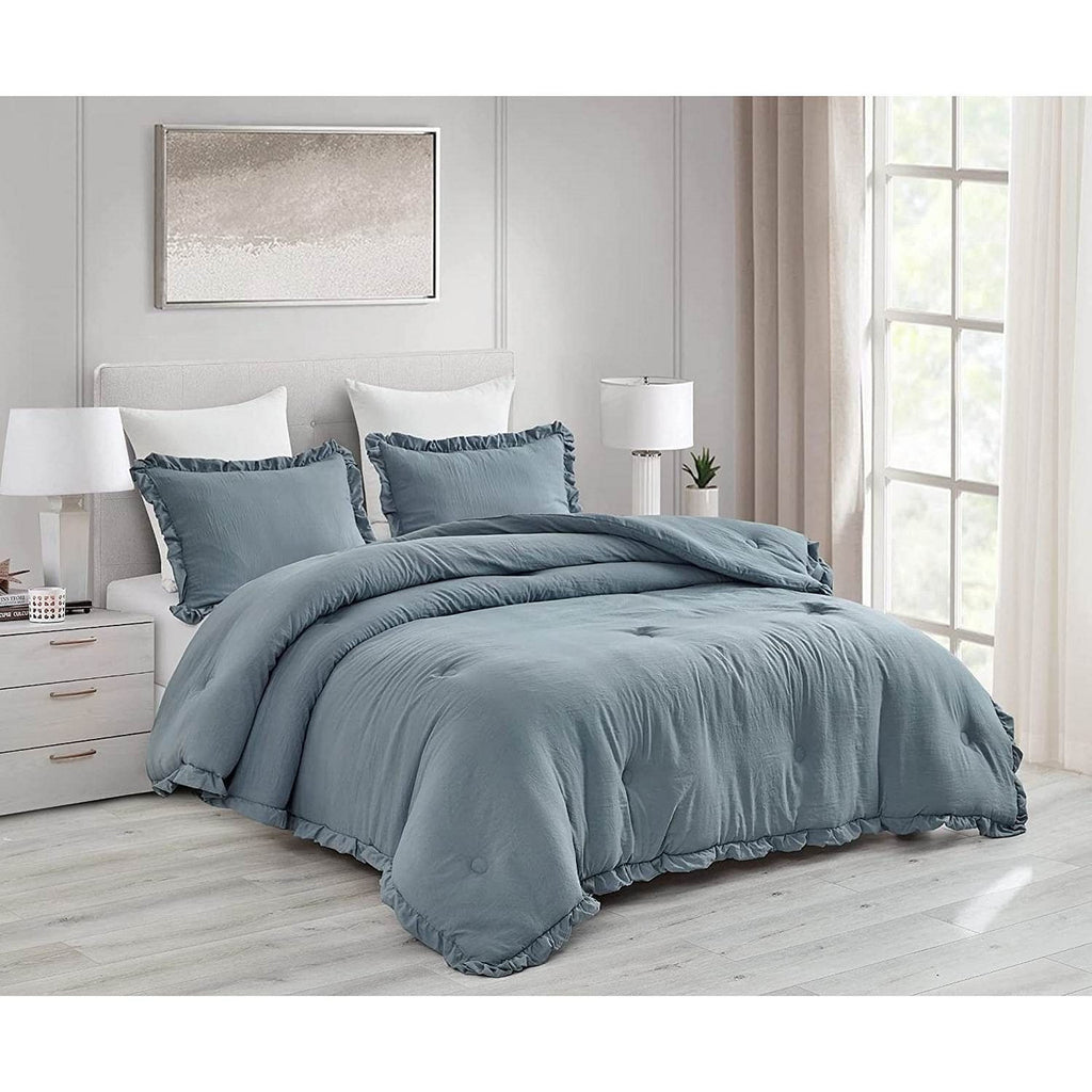 King Oversized Blue Ruffled Edge Microfiber Comforter Set-0