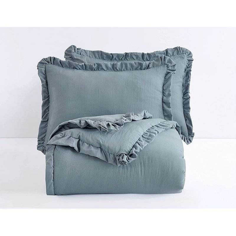 King Oversized Blue Ruffled Edge Microfiber Comforter Set-1