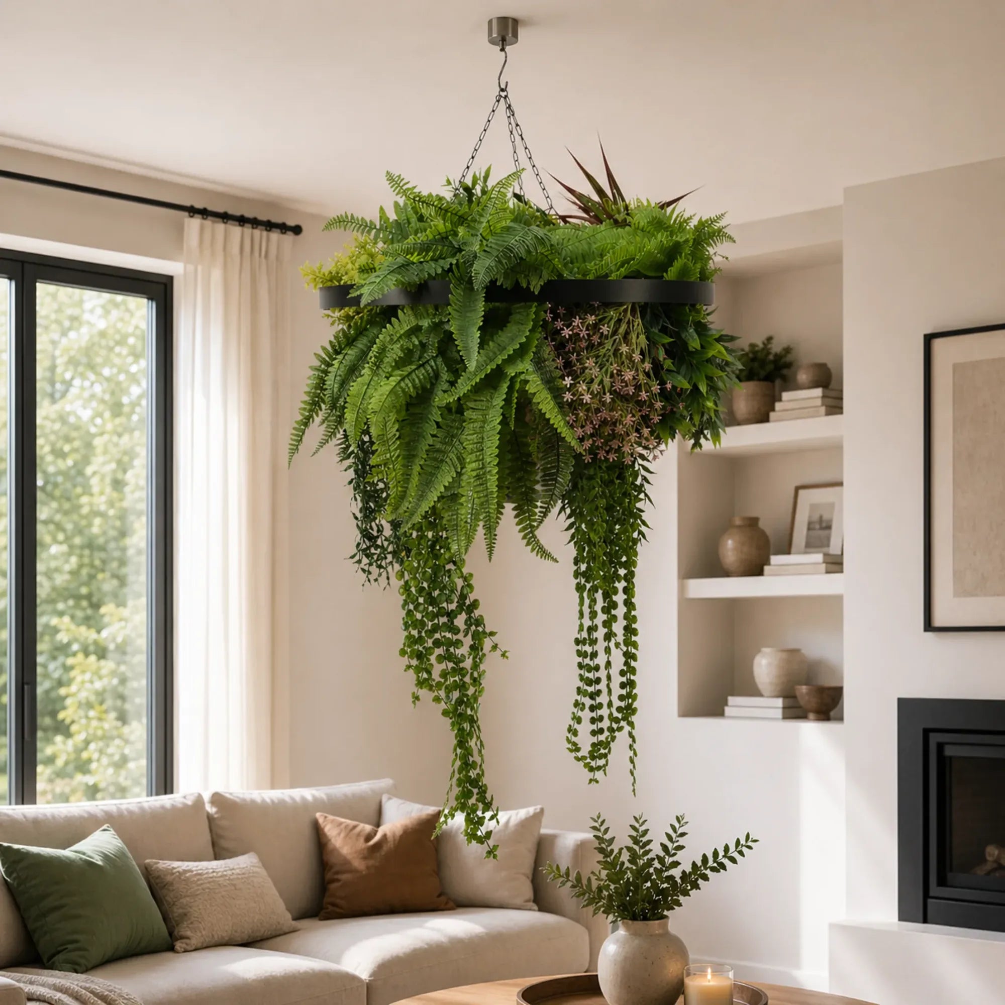 Artificial Hanging Plant Chandelier – Tropical Foliage Circular Ring (24.8in long) Black Frame – UV Resistant-3