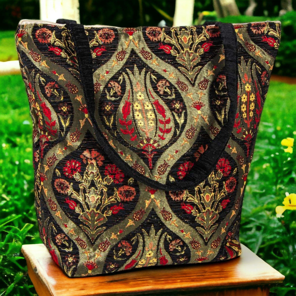 Authentic Kilim Fabric Ottoman Design Purse with Handles, Turkish Carpet, Beach Bag, Tote, Reusable Shopping Bag -- Black/Gold/Red-1