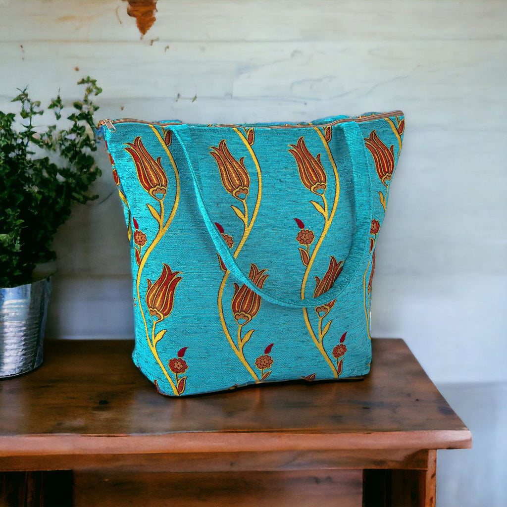 Authentic Kilim Fabric Ottoman Tulips Design Purse with Handles, Turkish Carpet, Beach Bag, Tote, Reusable Shopping Bag -- Turquoise/Gold-1